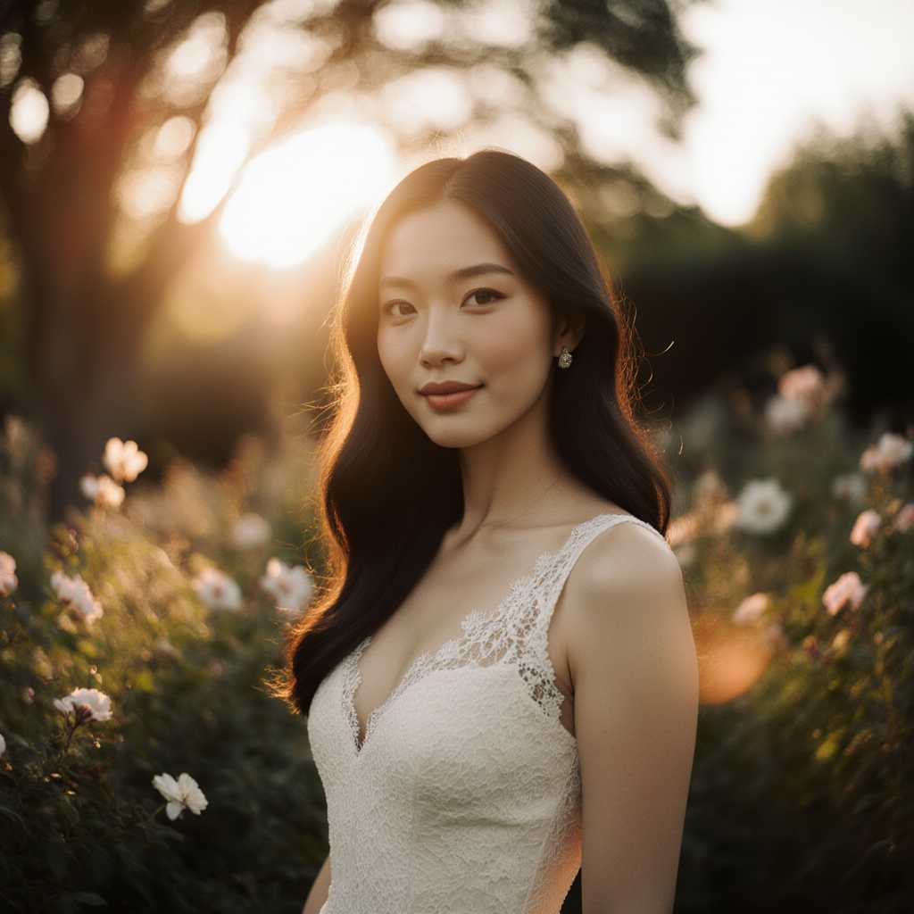 {
  "SHOT COMPOSITION": {
    "Description": "Capture this scene with a medium shot using a Sony A7S III camera paired with an 85mm portrait lens, creating a shallow depth of field that softly blurs the background while keeping the subject in sharp focus."
  },
  "SUBJECT & WARDROBE": {
    "Description": "The subject is a beautiful woman in her late 20s, with striking features including high cheekbones, expressive almond-shaped eyes, and long, flowing hair cascading over her shoulders. She wears an elegant, form-fitting ivory dress with delicate lace detailing, exuding a timeless and sophisticated charm. Her posture is confident yet relaxed, with a subtle, enigmatic smile playing on her lips as she gazes slightly off-camera, creating an air of mystery."
  },
  "SCENE SETTING": {
    "Description": "The setting is an outdoor garden during the golden hour, just as the sun dips low, casting a warm, honeyed glow over the lush greenery and blooming flowers surrounding her. The natural light bathes her skin in a soft, radiant warmth, while dappled shadows from nearby trees add depth and texture to the scene. The tone is intimate and serene, evoking a sense of quiet beauty and personal reflection."
  },
  "VISUAL STYLE": {
    "Description": "Render this image in a cinematic film aesthetic, with a gentle color grade that enhances the warm tones of the sunset and the natural greens of the garden, adding a dreamy, romantic quality. Introduce a subtle film grain texture to give the image a timeless, organic feel, reminiscent of a classic movie still."
  }
}