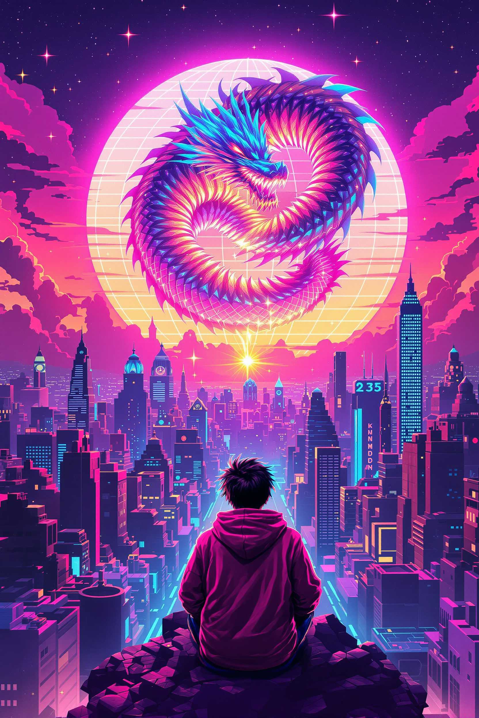 Block-style youth in neon hoodie releasing a glowing voxel dragon above a retro arcade skyline, 3D-pixel art fused with synthwave vaporwave aesthetic, voxel render with grain overlay, nostalgia quest and 8-bit fire, euphoric triumph, cyan-pink dusk with radiant grid glow, wide-stance hero bottom-third and dragon spiral upper frame, magenta, electric cyan, sunset-gold palette, wireframe city and vector stars background, pixel dithering and subtle CRT scanlines textures, 1980s arcade poster homage, 300K 300 dpi clarity --no dull colors --no logo --chaos 7 --ar 2:3 --seed 99512 --exp 62 --stylize 720 --iw 0.28