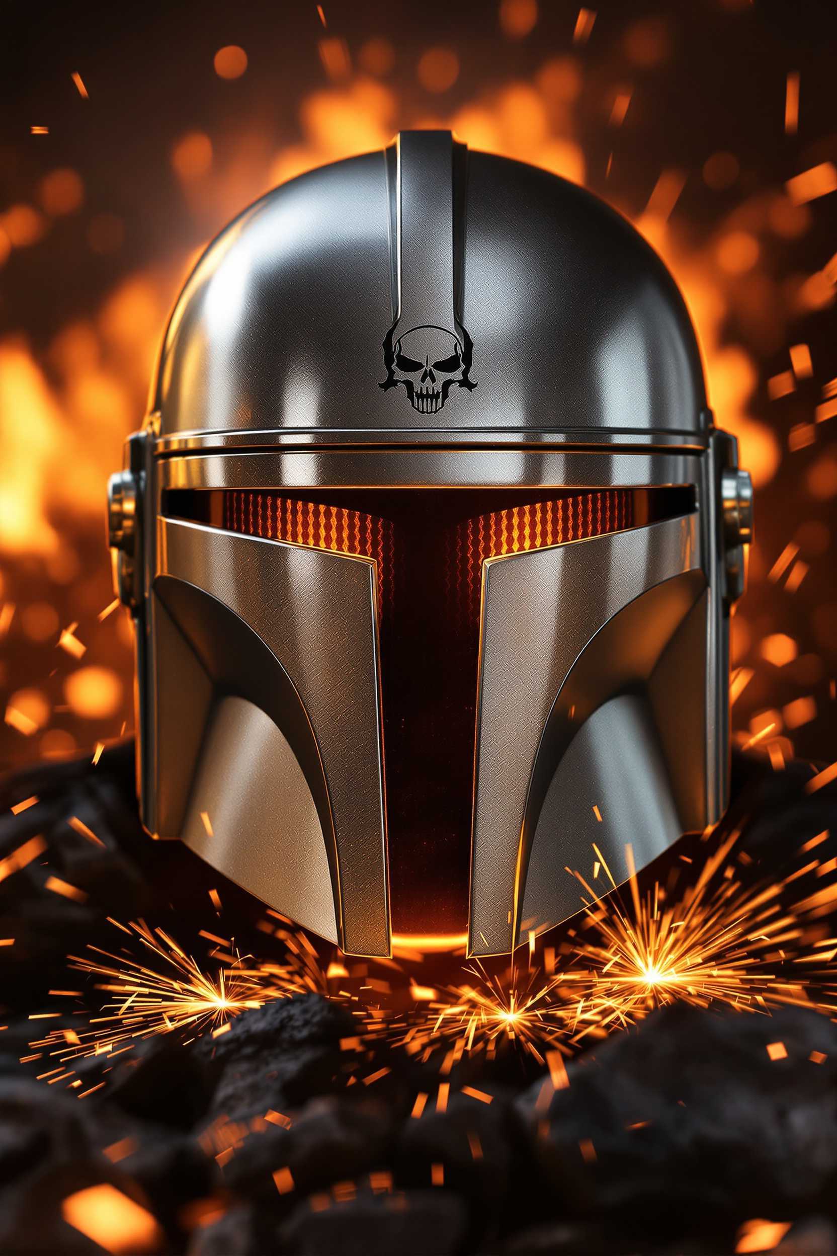 masterpiece, best quality, highres, sharp image, more detail, Mandalorian helmet forged in beskar steel, centered. Armor: Electroplated beskar with brushed aluminum grain at 60° angle, micro-textured blaster marks and carbon scoring. Visor: Subsurface scattering in burnt umber with T-shaped lens flare, caustic refraction in transparisteel. Background: Forge fire with engraved Mythosaur skull emblem (0.1mm engraving depth), HDR environment map reflections on beskar. Foreground: Floating ingots with holographic foil, sparks with metallic flake. Composition: Helmet 75% frame, 15% forge, 10% sparks. F/22 deep focus, 4K base render. 36x48 inch at 300 DPI. Matte/gloss contrast on beskar vs. fire. No text, no digital noise, no unrealistic wear patterns --chaos 25 --ar 2:3 --exp 70 --stylize 850
