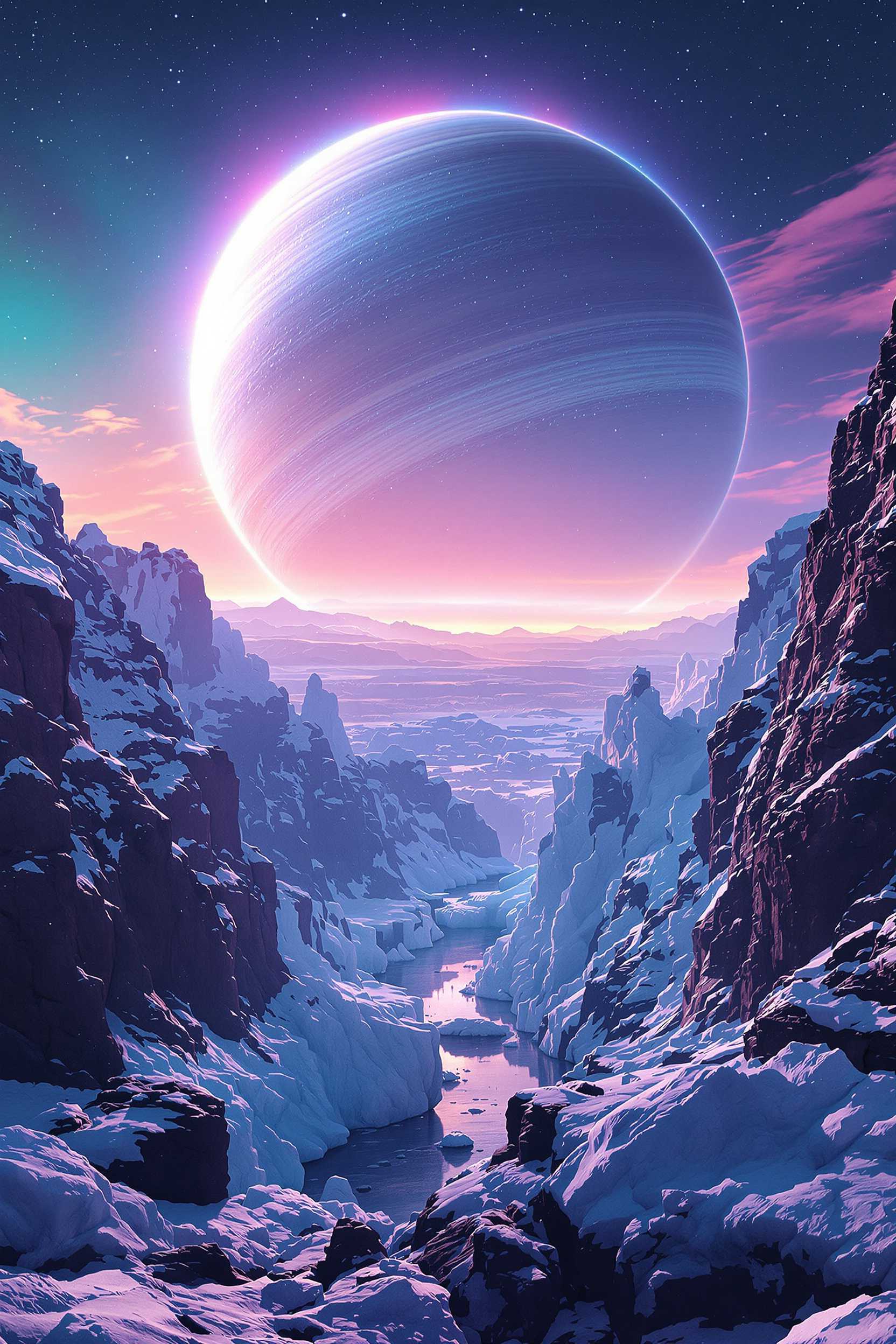 Colossal ringed planet rising over icy canyon, sci-fi matte painting, aurora shimmer across horizon, teal and violet palette with white highlights, awe and mystery tone, ultra-wide cinematic composition, print-ready 300 DPI --ar 2:3 --vivid