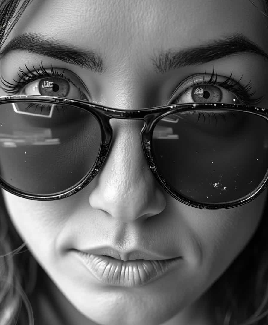 AI-generated image: Portrait Photography. Close-up. TOKALEMAP Woman looking straight at the camera, her face reflecting 