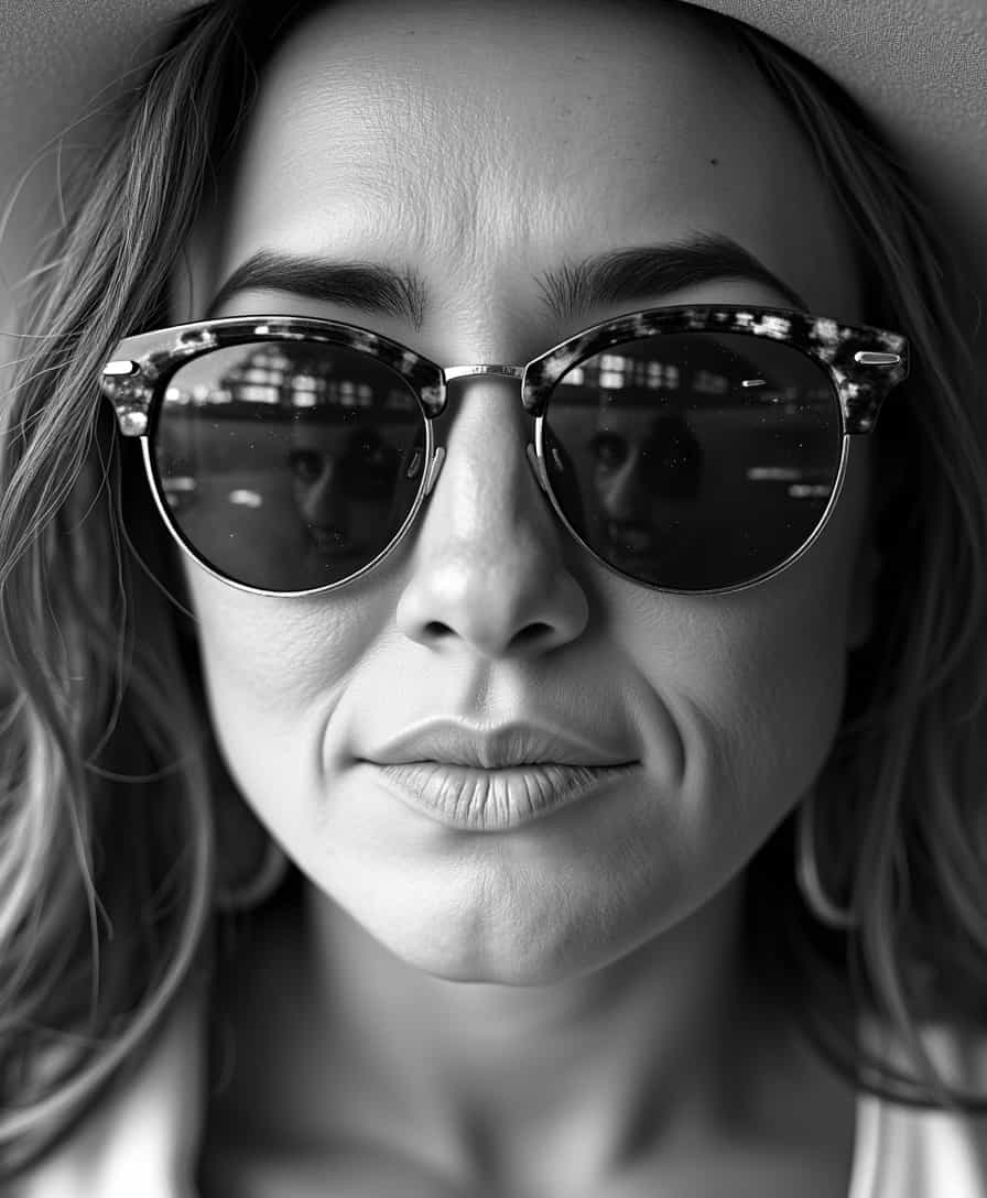 AI-generated image: Portrait Photography. Close-up. TOKALEMAP Woman looking straight at the camera, her face reflecting 