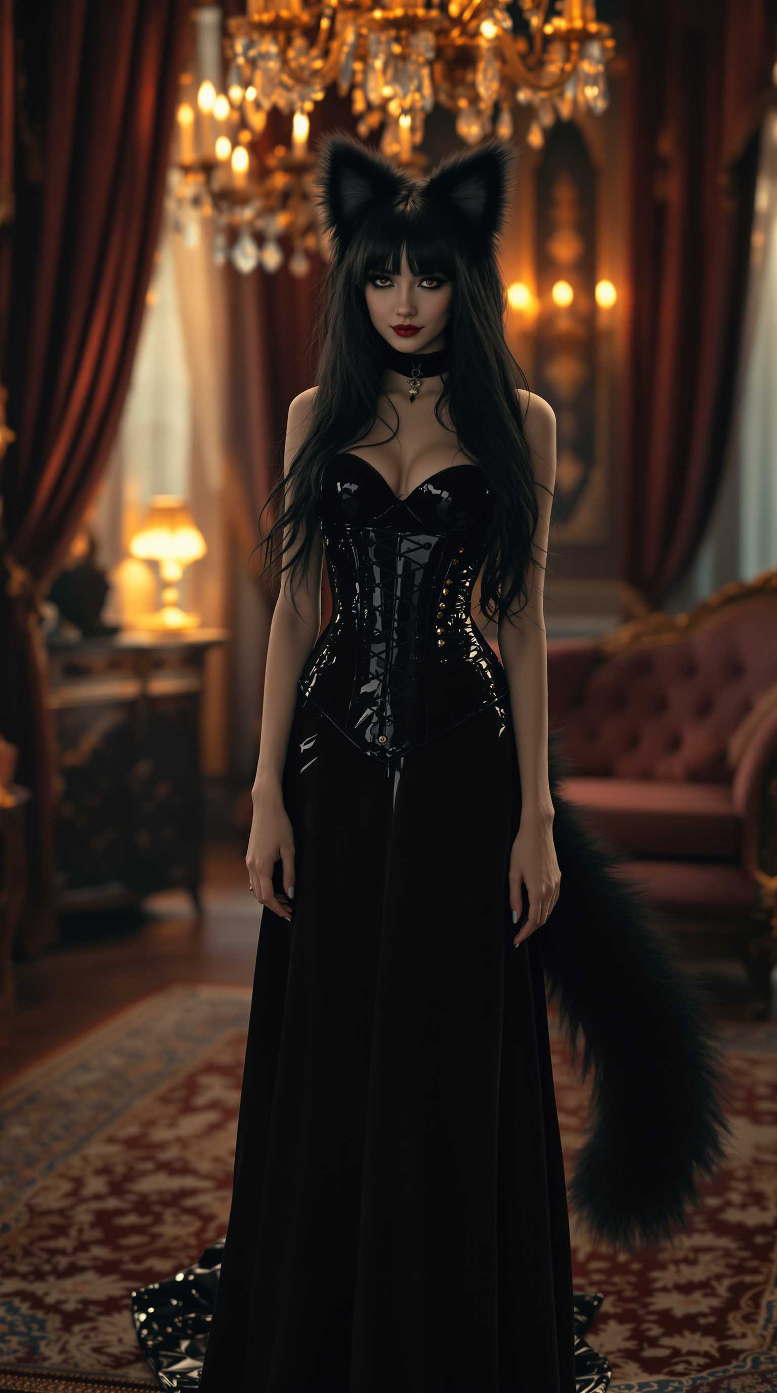 {
  "SHOT COMPOSITION": "Medium shot captured with a 50mm lens on a Canon 5D camera, featuring a shallow depth of field to focus sharply on the central catgirl while softly blurring the surrounding figures and ornate Victorian details in the background.",
  "SUBJECT & WARDROBE": "A young catgirl with striking fluffy black fur cat ears perched atop her head and a matching big fluffy black furred tail swaying behind her, long black hair falling down her. dressed in a floor length shiny black latex goth lolita style dress accentuated by a strapped shiny black latex corset that cinches her waist elegantly; she stands poised with a mysterious smile, her posture graceful and inviting.",
  "SCENE SETTING": "The scene unfolds in an elegant Victorian-style parlour adorned with velvet drapes, antique wooden furniture, crystal chandeliers, and intricate wallpaper, set during the golden hour of evening with warm ambient light filtering through lace-curtained windows, casting a cozy yet dramatic glow that enhances the intimate and mysterious tone.",
  "VISUAL STYLE": "Cinematic gothic aesthetic with a vintage film look, incorporating subtle grain texture and deep shadow color grading in cool blacks and contrasting whites to evoke a hauntingly elegant atmosphere, reminiscent of a high-fashion editorial photoshoot."
}