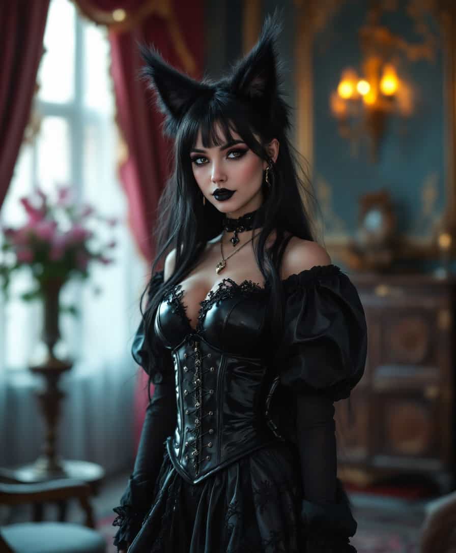 {
  "SHOT COMPOSITION": "Medium shot captured with a 50mm lens on a Canon 5D camera, featuring a shallow depth of field to focus sharply on the central catgirl while softly blurring the surrounding figures and ornate Victorian details in the background.",
  "SUBJECT & WARDROBE": "A young catgirl with striking fluffy black fur cat ears perched atop her head and a matching big fluffy black furred tail swaying behind her, long black hair falling down her. dressed in a shiny black latex goth lolita style dress accentuated by a strapped shiny black latex corset that cinches her waist elegantly and a shiny black latex blouse with puffy sleeves; she stands poised with a mysterious smile, her posture graceful and inviting.her makeup is pronounced and striking done in a thick goth style, shiny black lipstick, and many lip and ear piercings.
  "SCENE SETTING": "The scene unfolds in an elegant Victorian-style parlour adorned with velvet drapes, antique wooden furniture, crystal chandeliers, and intricate wallpaper, set during the golden hour of evening with warm ambient light filtering through lace-curtained windows, casting a cozy yet dramatic glow that enhances the intimate and mysterious tone.",
  "VISUAL STYLE": "Cinematic gothic aesthetic with a vintage film look, incorporating subtle grain texture and deep shadow color grading in cool blacks and contrasting whites to evoke a hauntingly elegant atmosphere, reminiscent of a high-fashion editorial photoshoot."
}