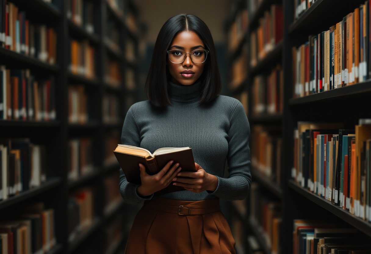 Shy looking african american co-ed. Straight waist length sleek hair Thick glasses, no makeup. Tight turtleneck grey sweater showcasing her ample cleavage. Ankle length brown skirt. Holding a heavy book and standing in dimly lit library 