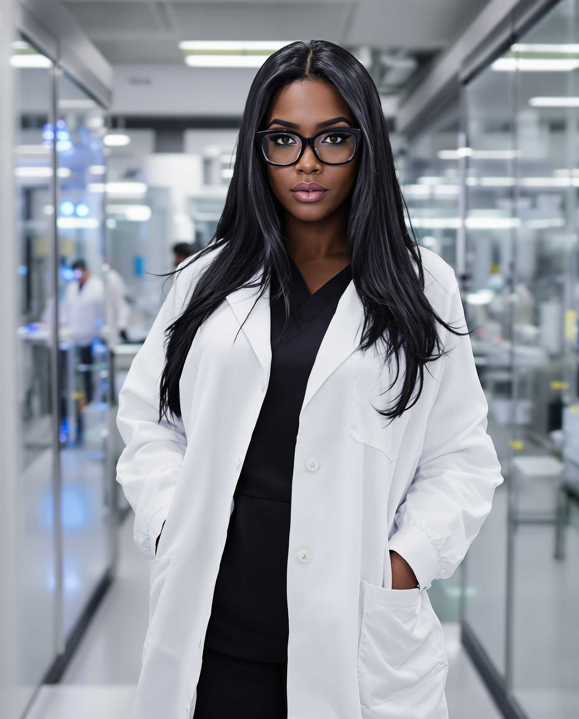 Brazen looking curvaceous african american vampire. Dressed in a white labcoat. Black scrubs beneath. Her shiny black hair hangs down her back. Thick black glasses. Amber eyes. She stands in a high tech lab. 