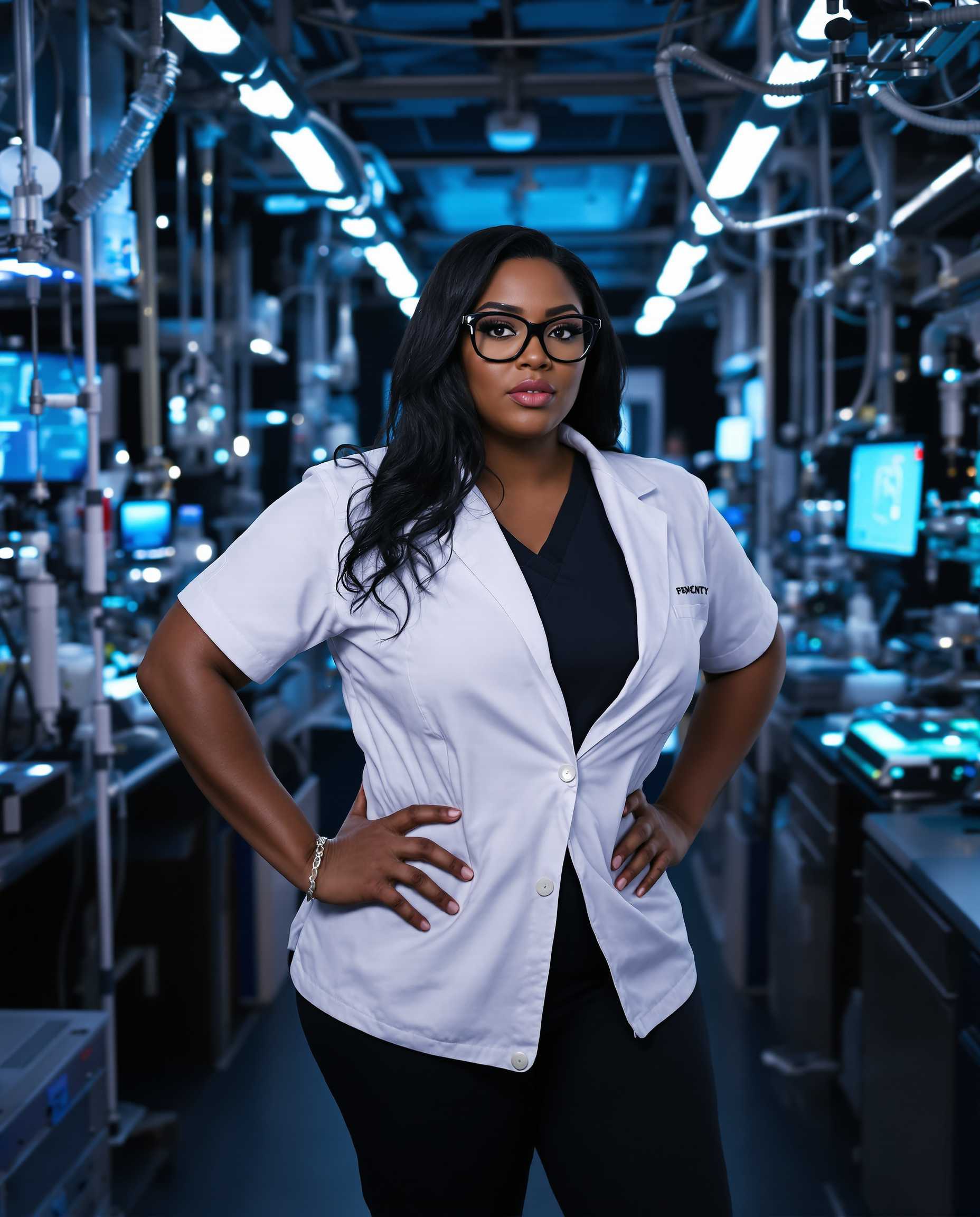{
  "SHOT COMPOSITION": "Medium shot framing a confident curvaceous African American vampire standing boldly in a high-tech lab, captured with a 50mm lens on a Sony A7S III camera, featuring a shallow depth of field to sharply focus on her while softly blurring the intricate lab equipment in the background.",
  "SUBJECT & WARDROBE": "She has a brazen, intense expression with striking amber eyes behind thick black glasses, her shiny black hair cascading down her back, dressed in a crisp white labcoat over fitted black scrubs that accentuate her curvaceous figure, subtly hinting at her vampiric nature through pale skin and a faint mysterious aura as she poses assertively with hands on hips.",
  "SCENE SETTING": "The scene unfolds in a sleek, futuristic high-tech laboratory filled with glowing monitors, holographic displays, and advanced scientific instruments under cool, ambient blue lighting at night, creating a dramatic and innovative atmosphere with subtle shadows enhancing the mysterious tone.",
  "VISUAL STYLE": "Render in a cinematic sci-fi style with hyper-realistic details, subtle film grain for texture, and a cool-toned color grade emphasizing contrasts between her warm skin tones and the sterile lab environment, evoking a blend of modern thriller and supernatural intrigue."
}