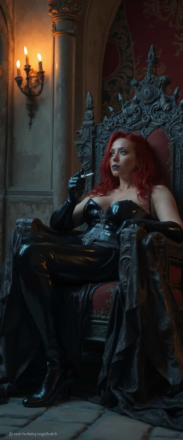 {
  "SHOT COMPOSITION": "A medium shot captured with a 50mm lens on a Canon 5D camera, utilizing a shallow depth of field to sharply focus on the central Amazonian woman's commanding presence and her submissive counterpart, while gently blurring the intricate background details, framing the scene dynamically to emphasize her reclining dominance and the kneeling figure at her feet in a balanced, intimate composition.",
  "SUBJECT & WARDROBE": "The dominant subject is a powerfully built, thicc Amazonian woman in her late 50s, boasting bright blue eyes and thick crimson hair cascading in heavy waves down her back; she is clad in a shiny black latex corset that dramatically enhances her 50EE breasts, complemented by a skintight shiny black latex catsuit and thigh-high stiletto-heeled boots, her face adorned with heavy bold gothic makeup including shiny black lipstick, as she reclines confidently on her throne with a smug, dominant smirk. Kneeling submissively at her feet is a young blonde-haired woman, dressed in a shiny white latex corset and dress, her gaze lifted upward in adoration and obedience.",
  "SCENE SETTING": "The scene is set in a medieval-style throne room featuring ancient stone walls adorned with ornate tapestries and suits of armor, illuminated by flickering torchlight that casts dramatic, elongated shadows across the flagstone floor, during a dimly lit evening that infuses the atmosphere with mystery and imposition, where soft ambient glows accentuate the glossy sheen of the latex outfits and heighten the overarching tone of unyielding power and erotic dominance.",
  "VISUAL STYLE": "Rendered in a cinematic gothic aesthetic with a dark, moody color grading featuring deep blacks, rich crimson accents, and subtle blue highlights to evoke a sense of timeless allure, incorporating a slight film grain texture for added realism and depth, reminiscent of a high-production fantasy film still that blends hyper-realistic details with an air of seductive fantasy."
}