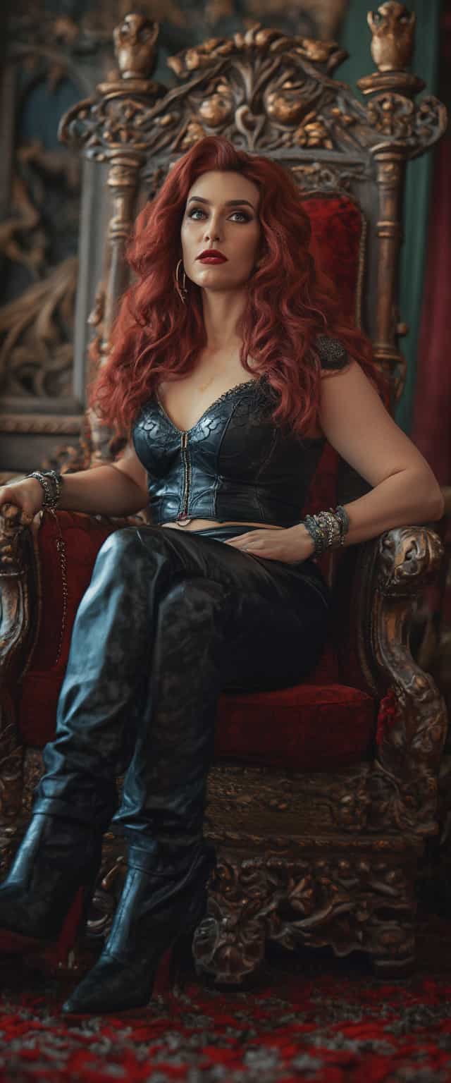 {
  "SHOT COMPOSITION": "A medium shot captured with a 50mm lens on a Canon 5D camera, employing a shallow depth of field to sharply highlight the central Amazonian woman's powerful dominant presence and her submissive counterpart kneeling at her feet, while softly blurring the intricate medieval background for added intimacy, framing the dynamic scene to balance her dominant posture and the adoring figure below in a cohesive, engaging composition that draws the viewer into the power exchange.",
  "SUBJECT & WARDROBE": "The dominant subject is a powerfully built, thicc Amazonian woman in her late 50s, with striking bright blue eyes and thick crimson hair cascading in heavy waves down her back; she stands beside her ornate throne with a smug, dominant smirk, clad in a shiny black latex corset that accentuates her 50EE breasts, paired with a skintight shiny black latex catsuit and thigh-high stiletto-heeled boots, her face enhanced by heavy bold gothic makeup including shiny black lipstick. Kneeling submissively at her feet is a young blonde-haired woman,