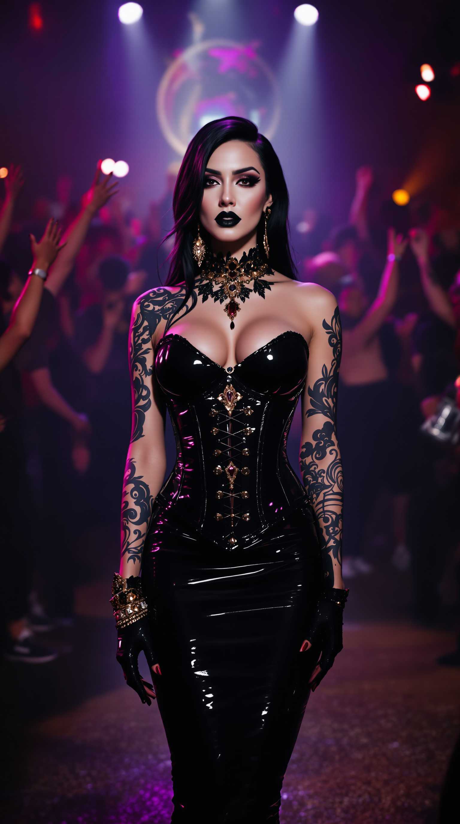 {
  "SHOT COMPOSITION": "Frame a dynamic medium shot of the woman standing confidently at the center, captured with a 50mm lens on a Sony A7S III camera, employing a shallow depth of field to softly blur the lively crowd behind her, drawing sharp focus to her commanding presence and the pulsating energy of the nightclub around her.",
  "SUBJECT & WARDROBE": "Depict a stunning mid-40s woman with ethereal goth pale skin, bold dark makeup, and glossy black lipstick, her shiny black hair cascading elegantly over one shoulder while the other side is shaved to a soft fuzz; she wears a sleek knee-length shiny black latex pencil skirt, a form-fitting shiny black latex corset that highlights her 50EE breasts, towering shiny black stiletto heels with vivid crimson soles, opulent gold and ruby jewelry, shiny black latex fingerless gloves, and fingernails lacquered in shiny black, her body adorned with intricate tribal-style tattoos on exposed skin, as she poses with a mysterious, alluring expression full of poise and intrigue.",
  "SCENE SETTING": "Set the scene in the vibrant core of a nightclub during the late-night peak, where colorful neon lights dance across the room casting glowing hues and deep shadows, enveloped by a throng of partygoers in matching shiny black latex outfits who dance and mingle energetically, with hazy smoke drifting through the air and the thrum of pulsing music infusing the space with a dramatic, high