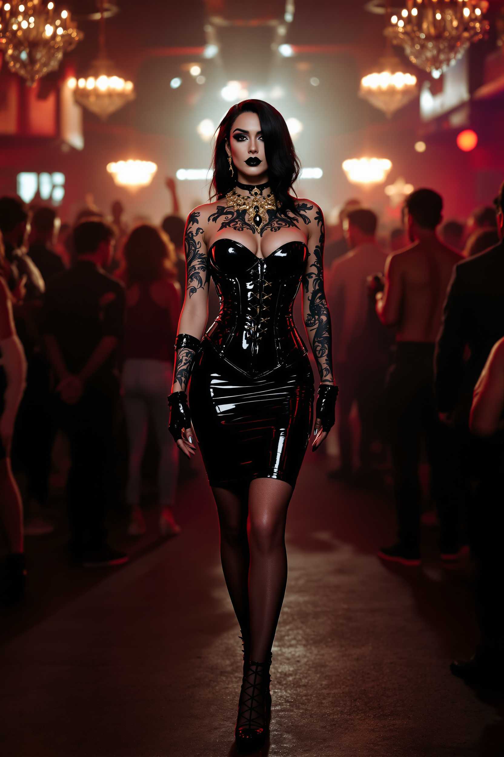{
  "SHOT COMPOSITION": "Frame a dynamic medium shot of the woman standing confidently at the center, captured with a 50mm lens on a Sony A7S III camera, employing a shallow depth of field to softly blur the lively crowd behind her, drawing sharp focus to her commanding presence and the pulsating energy of the nightclub around her.",
  "SUBJECT & WARDROBE": "Depict a stunning mid-40s woman with ethereal goth pale skin, bold dark makeup, and glossy black lipstick, her shiny black hair cascading elegantly over one shoulder while the other side is shaved to a soft fuzz; she wears a sleek knee-length shiny black latex pencil skirt, a form-fitting shiny black latex corset that highlights her 50EE breasts, towering shiny black stiletto heels with vivid crimson soles, opulent gold and ruby jewelry, shiny black latex fingerless gloves, and fingernails lacquered in shiny black, her body adorned with intricate tribal-style tattoos on exposed skin, as she poses with a mysterious, alluring expression full of poise and intrigue.",
  "SCENE SETTING": "Set the scene in the vibrant core of a nightclub during the late-night peak, where colorful neon lights dance across the room casting glowing hues and deep shadows, enveloped by a throng of partygoers in matching shiny black latex outfits who dance and mingle energetically, with hazy smoke drifting through the air and the thrum of pulsing music infusing the space with a dramatic, high