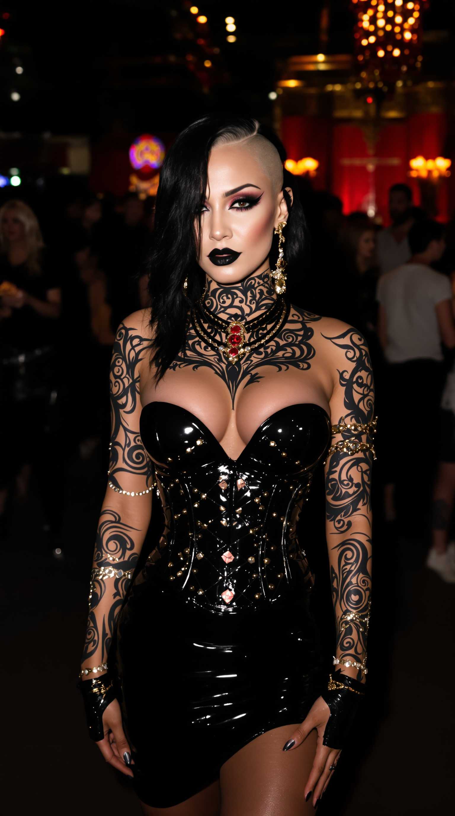 {
  "SHOT COMPOSITION": "Frame a dynamic medium shot of the woman standing confidently at the center, captured with a 50mm lens on a Sony A7S III camera, employing a shallow depth of field to softly blur the lively crowd behind her, drawing sharp focus to her commanding presence and the pulsating energy of the nightclub around her.",
  "SUBJECT & WARDROBE": "Depict a stunning mid-40s woman with ethereal goth pale skin, bold dark makeup, and glossy black lipstick, her shiny black hair cascading elegantly over one shoulder while the other side is shaved to a soft fuzz; she wears a sleek knee-length shiny black latex pencil skirt, a form-fitting shiny black latex corset that highlights her 50EE breasts, towering shiny black stiletto heels with vivid crimson soles, opulent gold and ruby jewelry, shiny black latex fingerless gloves, and fingernails lacquered in shiny black, her body adorned with intricate tribal-style tattoos on exposed skin, as she poses with a mysterious, alluring expression full of poise and intrigue.",
  "SCENE SETTING": "Set the scene in the vibrant core of a nightclub during the late-night peak, where colorful neon lights dance across the room casting glowing hues and bright colors enveloped by a throng of partygoers in matching shiny black latex outfits who dance and mingle energetically