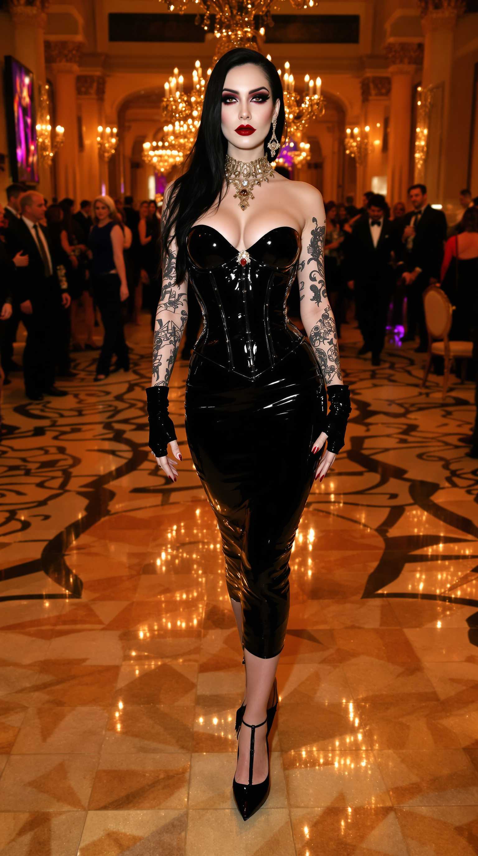 {
  "SHOT COMPOSITION": "Frame a dynamic medium shot of the woman standing confidently at the center, 
  "SUBJECT & WARDROBE": "Depict a stunning mid-40s woman with ethereal goth pale skin, bold dark makeup, and glossy black lipstick, her shiny black hair cascading elegantly over one shoulder while the other side is shaved to a soft fuzz; she wears a sleek ankle-length shiny black latex pencil skirt, a form-fitting shiny black latex corset that highlights her 50EE breasts, towering shiny black stiletto heels with vivid crimson soles, opulent gold and ruby jewelry, shiny black latex fingerless gloves, and fingernails lacquered in shiny black, her body adorned with intricate tribal-style tattoos on exposed skin, as she poses with a mysterious, alluring expression full of poise and intrigue.",
  "SCENE SETTING": "Set the scene in the elegant ballroom of a high end hotel. Surrounded by a throng of partygoers in matching shiny black latex outfits who dance and mingle energetically