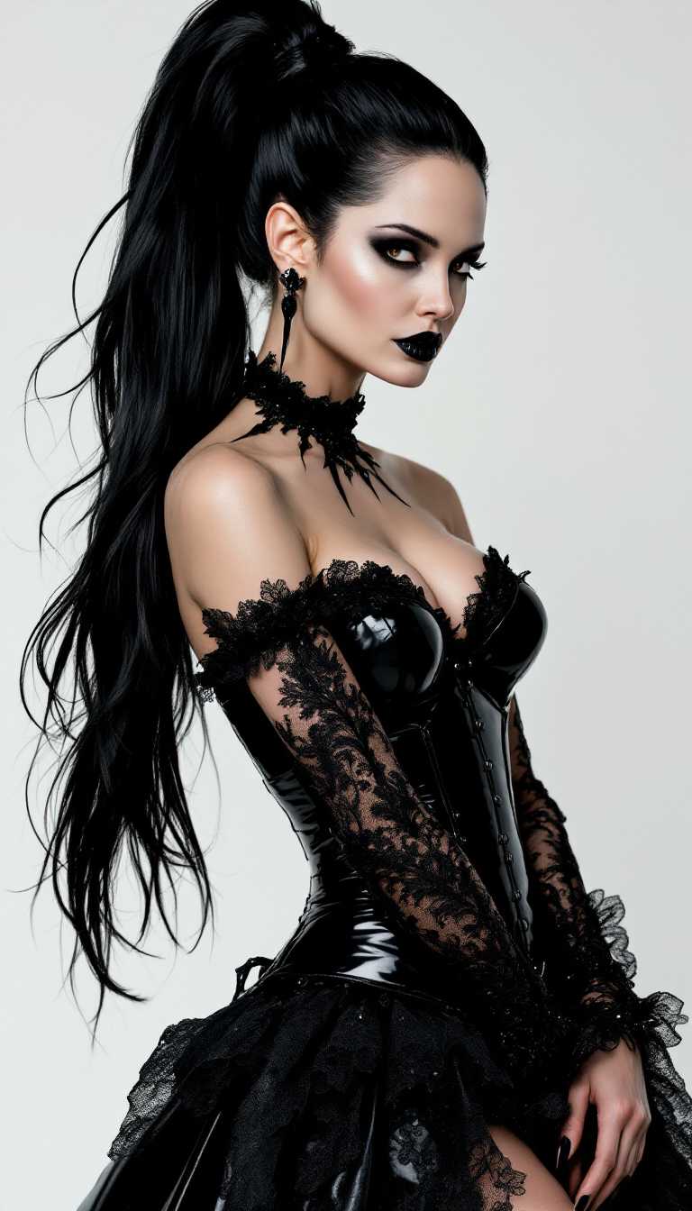 Angelina Jolie, vampire queen, dressed in a shiny black latex and lace victorian era corseted ballgown. Black hair in a high and thick ponytail to her knees. Her makeup is bold and gothic, shiny black lips and claw-length shiny black nails standing in a Victorian-style parlour 