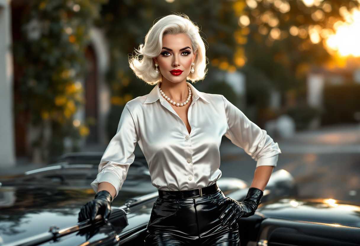 {
  "SHOT COMPOSITION": "Medium shot captured with a Canon 5D camera using an 85mm portrait lens, featuring a shallow depth of field to softly blur the background while keeping the subject in sharp focus, framing her from the waist up as she stands confidently beside her car.",
  "SUBJECT & WARDROBE": "A mature mid-60s woman with pale, shoulder-length white hair styled in a glamorous 1950s pinup girl fashion, her bold makeup highlighting shiny blood-red lips, adorned with an elegant single string of pearls around her throat and pearl drop-style earrings, dressed in a shiny white silk long-sleeve dress shirt unbuttoned slightly to reveal her ample 55GG breasts, paired with shiny and skintight black leather pants, black patent leather Mary Jane heels, and sleek skintight black riding gloves, as she poses with a sultry expression and one hand resting on her hip.",
  "SCENE SETTING": "Set outdoors in an upscale urban driveway during golden hour sunset, with warm sunlight casting a flattering glow on her figure and the sleek lines of her expensive luxury car parked nearby, creating a luxurious and intimate atmosphere with subtle shadows and highlights emphasizing the shiny textures of her outfit.",
  "VISUAL STYLE": "Cinematic film aesthetic with a vintage pinup vibe, incorporating subtle film grain and rich color grading in warm tones to evoke a high-end fashion editorial, ensuring high detail and realistic textures for a polished, professional look."
}