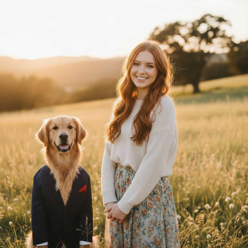 AI-generated image: the woman is standing next to a dog wearing a suit jacket (edited with Google Nano Banana)