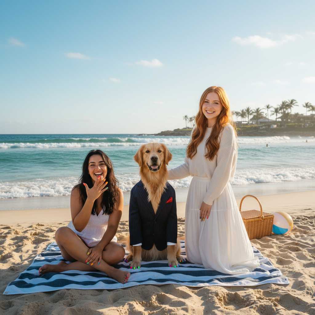 add all 3 characters to a beach scene and all of them should have colorful painted nails (edited with Google Nano Banana)