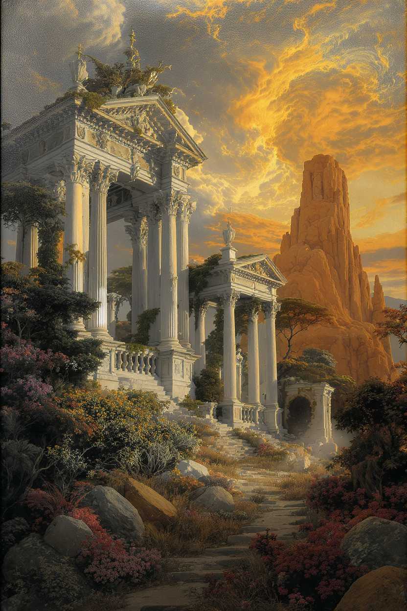 a renaissance painting of romantic ruins, massive royal holy majestic, elegant, highly detailed, saturated colors, cinematic, vivid composition, beautiful light, sharp, focus, intricate,, atmosphere, extremely complimentary color, perfect, aesthetic, very inspirational, innocent, fine detail, clear artistic, novel, gorgeous, amazing scenic background, creative, appealing, awesome, dramatic ambient, thought