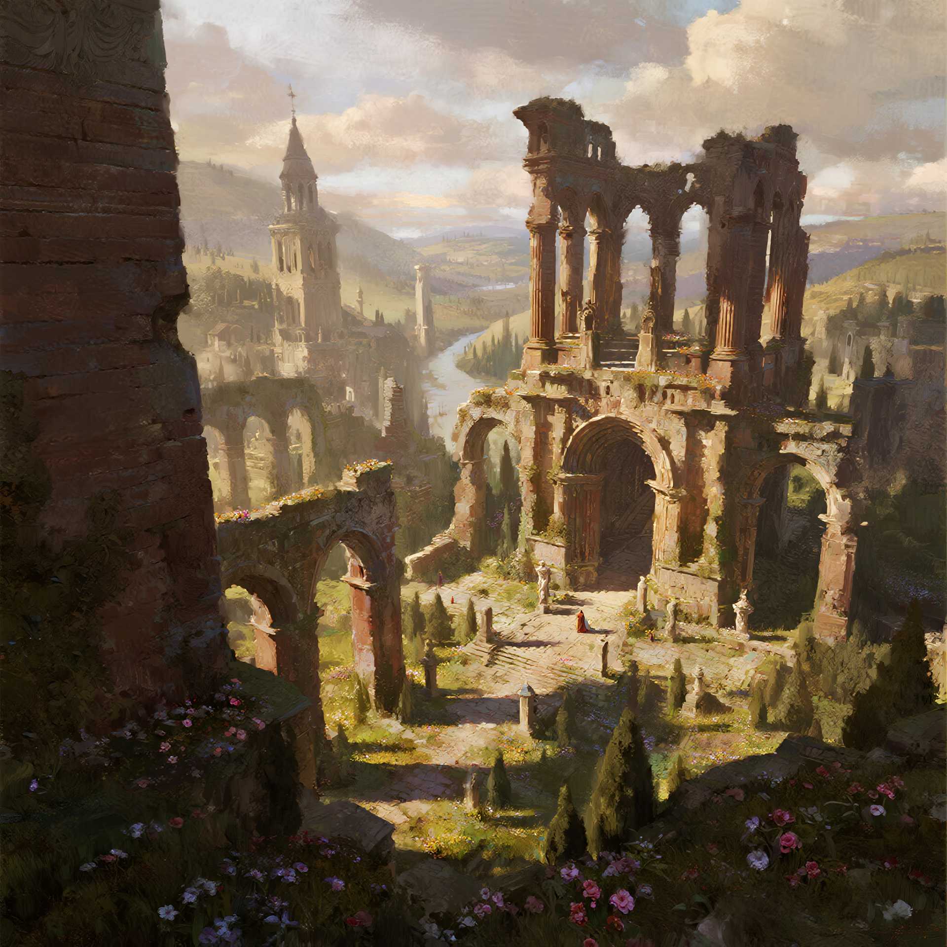 a renaissance painting of romantic ruins, massive royal holy majestic, elegant, highly detailed, saturated colors, cinematic, vivid composition, beautiful light, sharp, focus, intricate,, atmosphere, extremely complimentary color, perfect, aesthetic, very inspirational, innocent, fine detail, clear artistic, novel, gorgeous, amazing scenic background, creative, appealing, awesome, dramatic ambient, thought
