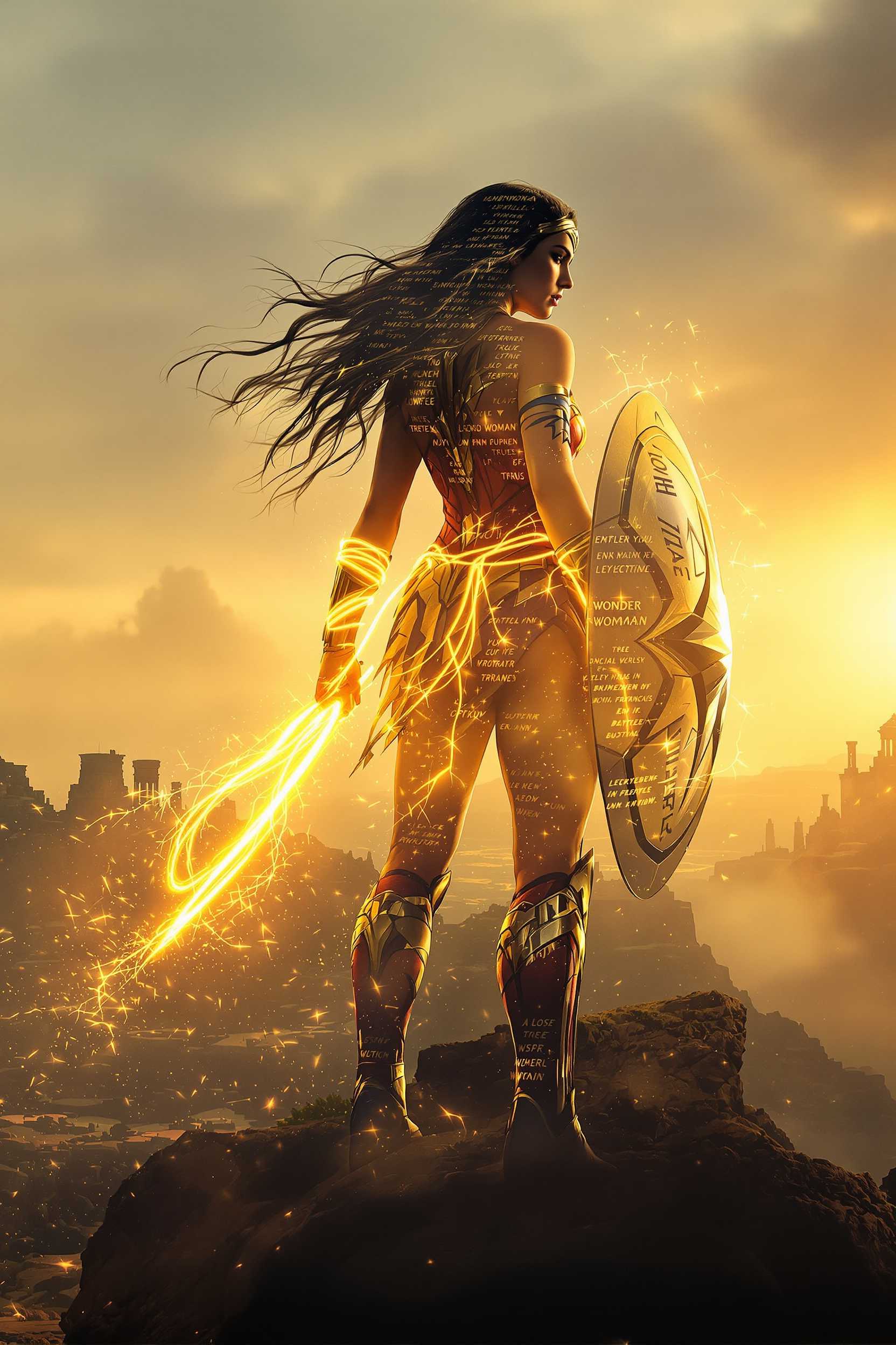 Create a hyper-realistic, emotionally charged double exposure composition featuring the silhouette of Wonder Woman, standing tall with her shield raised and Lasso of Truth glowing at her side, hair flowing like fire in the wind. The silhouette represents not just a warrior, but the embodiment of truth, strength, and justice. Inside the Silhouette: Themyscira a sunlit paradise of towering statues, lush cliffs, and ancient temples. Symbolic overlays: the glowing golden Lasso wrapping through her arms, faint silhouettes of Amazons training in the background, sparks and embers rising from a glowing battlefield. A subtle overlay of ancient Greek inscriptions fades in and out across her armor. Atmosphere & Lighting: Warm golden light with cinematic highlights and deep shadows. Radiant flares from the lasso, slow-motion dust and sparks glowing in the air, storm clouds forming on the horizon for dramatic depth. Background Environment: A gradient sky shifting from golden dawn to stormy grey. Subtle overlays of battle silhouettes, eagle feathers, and mythological symbols (Greek columns, divine lightning) framing the edges. Stylistic Enhancements: Photorealistic armor detail, weathered shield textures, cinematic skin tones, metallic reflections, soft haze. Mood & Style Tags: Hyper-realistic | Double Exposure | Cinematic | Mythic | Legendary | Warrior | Storytelling --ar 2:3 --profile r4z7ro6