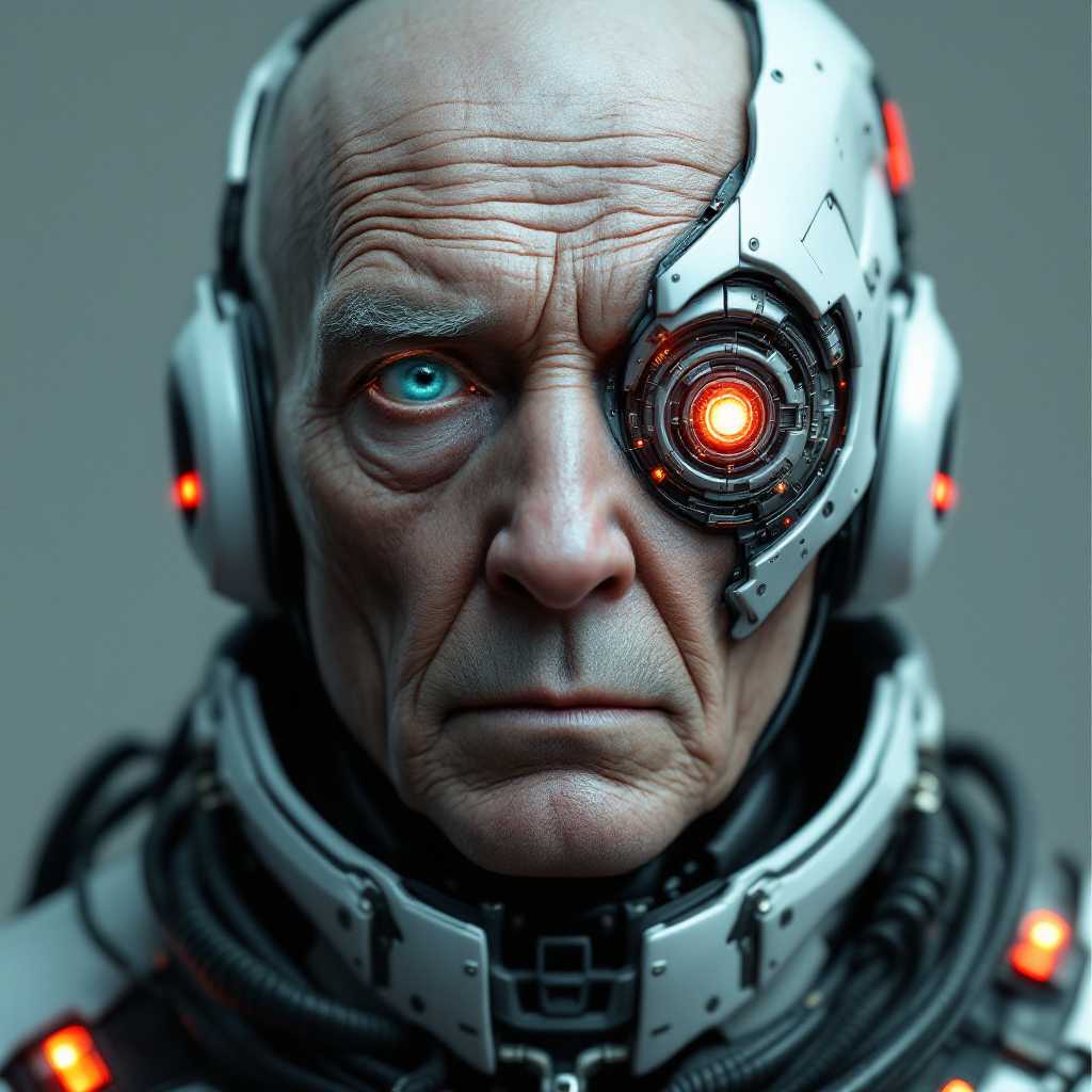 A highly detailed, photorealistic digital rendering of an elderly cyborg man in a close-up portrait, facing directly forward with a neutral, introspective expression. The man appears to be in his 80s or 90s, with deeply wrinkled, pale Caucasian skin that's weathered and aged, showing fine lines, creases, and subtle age spots on his bald scalp and face. His left eye is a natural, piercing turquoise blue human eye with realistic iris details and subtle reflections, while his right eye is a intricate cybernetic implant: a large, mechanical monocle-like device with glowing red circular lens at the center, surrounded by metallic gears, circuits, and orange energy sparks emanating from it, integrated seamlessly into his wrinkled skin. A white and black robotic helmet or exoskeleton frames his head, with segmented armor plates, exposed wires, tubes, and metallic components extending down to his neck and shoulders, including earpieces with red lights and black cabling. The overall color palette is cool and muted, dominated by desaturated grays, blues, and silvers, with high-contrast highlights on the metallic parts and a warm red-orange glow from the cybernetic eye adding dramatic focal point. The background is a plain, gradient dark gray void, emphasizing the subject's face with soft, cinematic lighting from the front and subtle rim lighting to enhance textures and depth. Render in hyper-realistic CGI style, inspired by artists like Alex Ross and digital sculpting in ZBrush, with ultra-high resolution, sharp details on skin pores, metallic reflections, and subtle subsurface scattering for lifelike skin translucency.