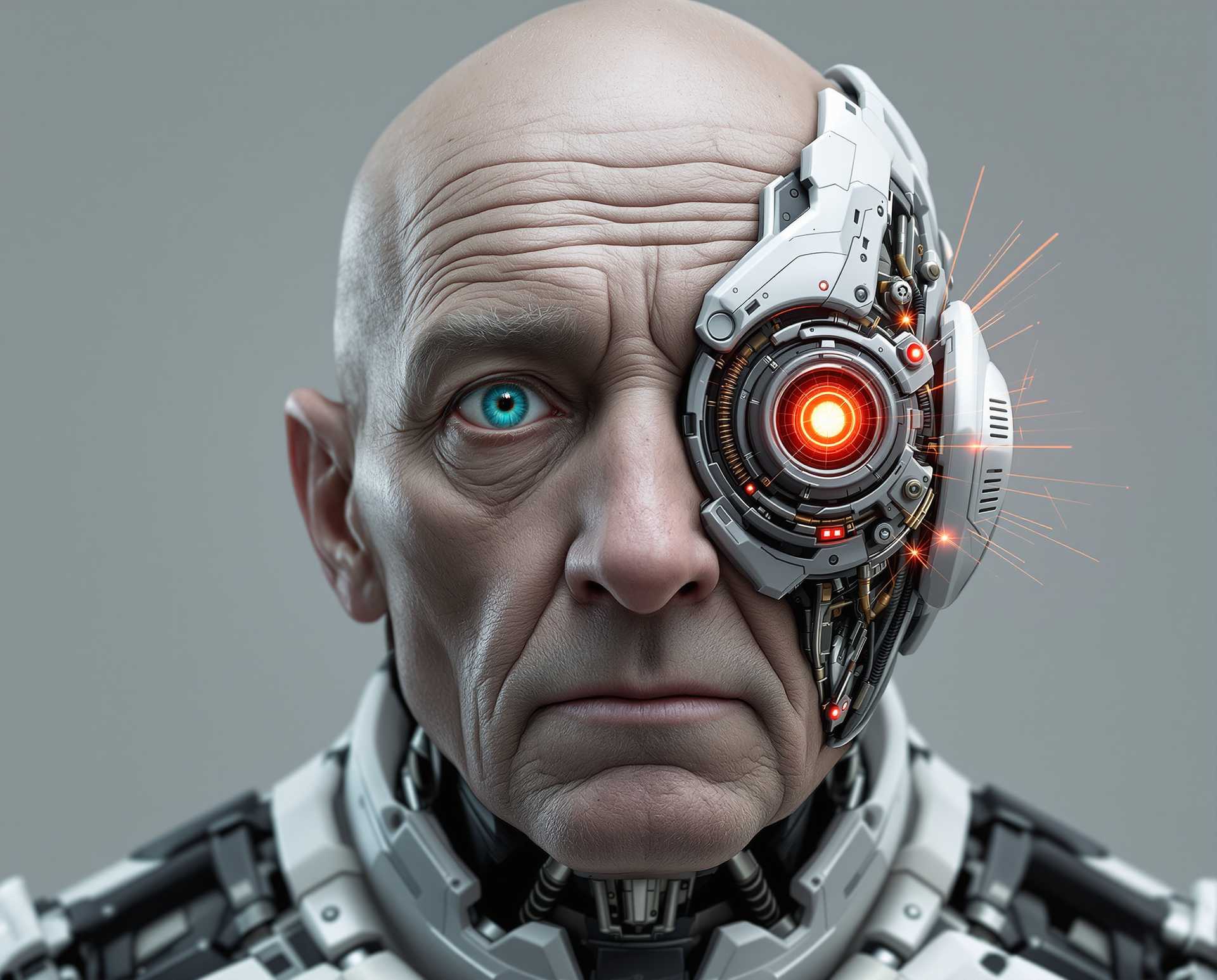 A highly detailed, photorealistic digital rendering of an elderly cyborg man in a close-up portrait, facing directly forward with a neutral, introspective expression. The man appears to be in his 80s or 90s, with deeply wrinkled, pale Caucasian skin that's weathered and aged, showing fine lines, creases, and subtle age spots on his bald scalp and face. His left eye is a natural, piercing turquoise blue human eye with realistic iris details and subtle reflections, while his right eye is a intricate cybernetic implant: a large, mechanical monocle-like device with glowing red circular lens at the center, surrounded by metallic gears, circuits, and orange energy sparks emanating from it, integrated seamlessly into his wrinkled skin. A white and black robotic helmet or exoskeleton frames his head, with segmented armor plates, exposed wires, tubes, and metallic components extending down to his neck and shoulders, including earpieces with red lights and black cabling. The overall color palette is cool and muted, dominated by desaturated grays, blues, and silvers, with high-contrast highlights on the metallic parts and a warm red-orange glow from the cybernetic eye adding dramatic focal point. The background is a plain, gradient dark gray void, emphasizing the subject's face with soft, cinematic lighting from the front and subtle rim lighting to enhance textures and depth. Render in hyper-realistic CGI style, inspired by artists like Alex Ross and digital sculpting in ZBrush, with ultra-high resolution, sharp details on skin pores, metallic reflections, and subtle subsurface scattering for lifelike skin translucency.