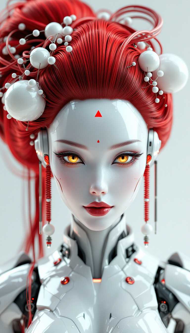 A highly detailed 3D digital rendering of a futuristic robotic geisha android, blending traditional Japanese geisha aesthetics with cyberpunk sci-fi elements, in a hyper-realistic CGI style reminiscent of Zdzisław Beksiński and Alphonse Mucha with modern digital polish like that of Beeple or Android Jones. The central figure is a female humanoid robot with flawless porcelain-white metallic skin, sharp angular facial features, piercing glowing yellow eyes with black sclera and subtle red highlights, perfectly arched thin black eyebrows, full crimson-red lips in a subtle enigmatic smile, and a small red triangular marking on her forehead like a technological emblem. Her elaborate updo hairstyle is a vibrant deep crimson red, styled in a voluminous traditional shimada geisha fashion with glossy, shiny texture, adorned with intricate white spherical ornaments, coiled red metallic tubes looping around the hair like futuristic kanzashi hairpins, and dangling white beads on thin rods, creating a halo-like symmetrical structure framing her head. The neck and shoulders reveal exposed cybernetic components, including glowing blue-lit circuits, segmented white armor plating with red accents, and mechanical joints, transitioning into a white kimono-like garment with red trim and subtle technological patterns. The background is a soft gradient of dark crimson to black, with faint circular bokeh effects echoing the hair loops, emphasizing a mysterious and elegant atmosphere. Rendered in ultra-high resolution with ray-traced lighting, volumetric god rays, subsurface scattering on the skin for a lifelike sheen, vibrant color palette dominated by reds, whites, and metallic silvers, intricate details on textures like polished chrome reflections and hair strands, overall composition centered on the bust portrait for a captivating, otherworldly presence.