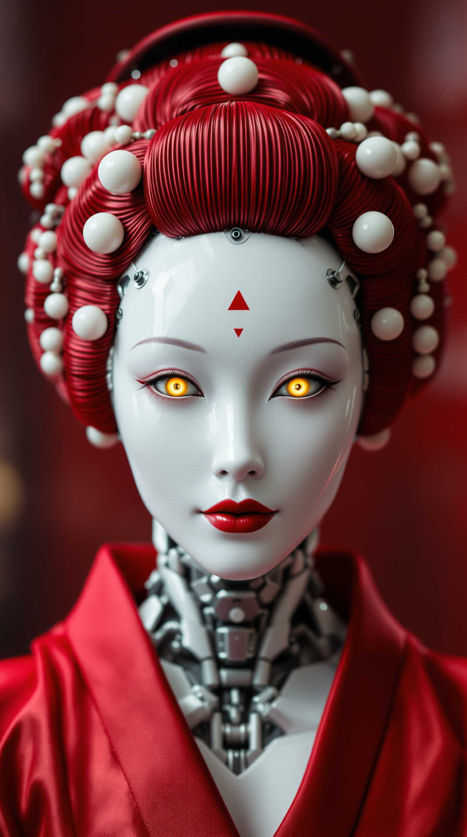 {
  "SHOT COMPOSITION": "A close-up bust portrait framed tightly on the robotic geisha's face and upper torso, captured with an 85mm portrait lens on a Sony A7S III camera, featuring a shallow depth of field that softly blurs the background while keeping intricate details in sharp focus, emphasizing her enigmatic presence in a symmetrical composition.",
  "SUBJECT & WARDROBE": "The central figure is a female humanoid robot with flawless porcelain-white metallic skin, sharp angular facial features, piercing glowing yellow eyes with black sclera and subtle red highlights, perfectly arched thin black eyebrows, full crimson-red lips curved in a subtle enigmatic smile, and a small red triangular marking on her forehead like a technological emblem; her elaborate updo hairstyle is a vibrant deep crimson red, styled in a voluminous traditional shimada geisha fashion with glossy, shiny texture, adorned with intricate white spherical ornaments, coiled red metallic tubes looping around the hair like futuristic kanzashi hairpins, and dangling white beads on thin rods, creating a halo-like symmetrical structure framing her head; the neck and shoulders reveal exposed cybernetic components, including glowing blue-lit circuits, segmented white armor plating with red accents, and mechanical joints, transitioning seamlessly into a white kimono-like garment with red trim and subtle technological patterns, evoking a blend of traditional elegance and cyberpunk innovation.",
  "SCENE SETTING": "Set against a soft gradient background transitioning from dark crimson to black, with faint circular bokeh effects echoing the loops in her hair, the scene unfolds in a mysterious, ethereal void that enhances an elegant and otherworldly atmosphere, illuminated by ray-traced lighting and volumetric god rays piercing through subtle mist, under a timeless night-like ambiance with dramatic shadows and highlights.",
  "VISUAL STYLE": "A highly detailed 3D digital rendering in a hyper-realistic CGI style reminiscent of Zdzisław Beksiński and Alphonse Mucha, infused with modern digital polish like that of Beeple or Android Jones, featuring ultra-high resolution, subsurface scattering on the skin for a lifelike sheen, vibrant color palette dominated by reds, whites, and metallic silvers, intricate textures such as polished chrome reflections and individual hair strands, with a cinematic film aesthetic including subtle grain texture and rich color grading for a captivating, mysterious tone."
}