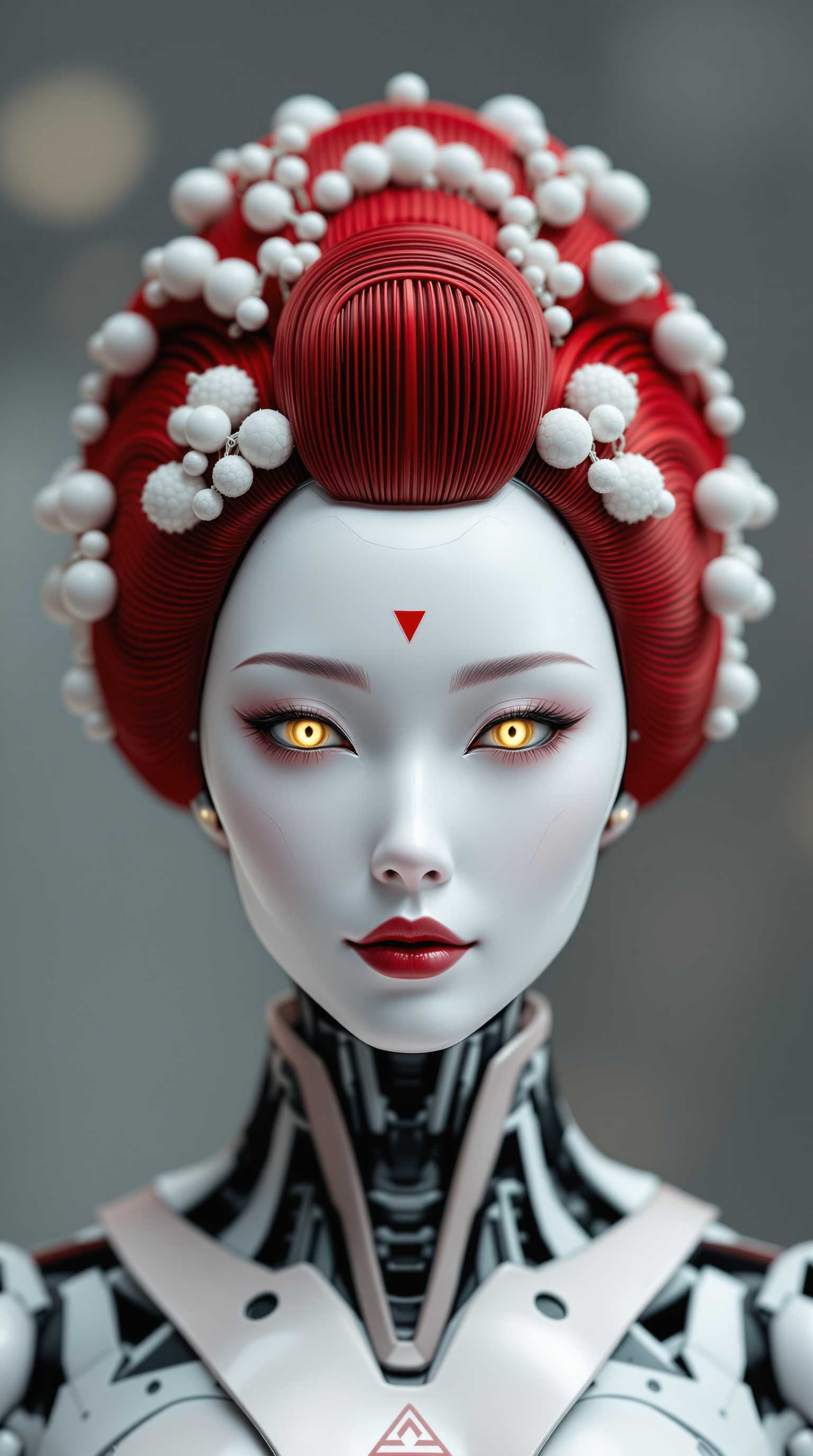 {
  "SHOT COMPOSITION": "A close-up bust portrait framed tightly on the robotic geisha's face and upper torso, captured with an 85mm portrait lens on a Sony A7S III camera, featuring a shallow depth of field that softly blurs the background while keeping intricate details in sharp focus, emphasizing her enigmatic presence in a symmetrical composition.",
  "SUBJECT & WARDROBE": "The central figure is a female humanoid robot with flawless porcelain-white metallic skin, sharp angular facial features, piercing glowing yellow eyes with black sclera and subtle red highlights, perfectly arched thin black eyebrows, full crimson-red lips curved in a subtle enigmatic smile, and a small red triangular marking on her forehead like a technological emblem; her elaborate updo hairstyle is a vibrant deep crimson red, styled in a voluminous traditional shimada geisha fashion with glossy, shiny texture, adorned with intricate white spherical ornaments, coiled red metallic tubes looping around the hair like futuristic kanzashi hairpins, and dangling white beads on thin rods, creating a halo-like symmetrical structure framing her head; the neck and shoulders reveal exposed cybernetic components, including glowing blue-lit circuits, segmented white armor plating with red accents, and mechanical joints, transitioning seamlessly into a white kimono-like garment with red trim and subtle technological patterns, evoking a blend of traditional elegance and cyberpunk innovation.",
  "SCENE SETTING": "Set against a soft gradient background transitioning from dark crimson to black, with faint circular bokeh effects echoing the loops in her hair, the scene unfolds in a mysterious, ethereal void that enhances an elegant and otherworldly atmosphere, illuminated by ray-traced lighting and volumetric god rays piercing through subtle mist, under a timeless night-like ambiance with dramatic shadows and highlights.",
  "VISUAL STYLE": "A highly detailed 3D digital rendering in a hyper-realistic CGI style reminiscent of Zdzisław Beksiński and Alphonse Mucha, infused with modern digital polish like that of Beeple or Android Jones, featuring ultra-high resolution, subsurface scattering on the skin for a lifelike sheen, vibrant color palette dominated by reds, whites, and metallic silvers, intricate textures such as polished chrome reflections and individual hair strands, with a cinematic film aesthetic including subtle grain texture and rich color grading for a captivating, mysterious tone."
}