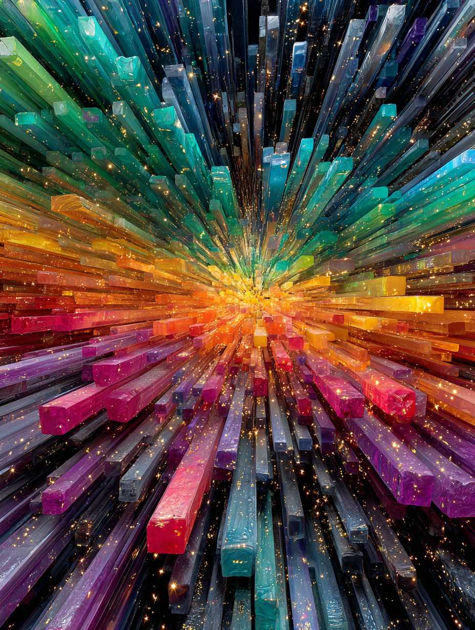 Shattered prism explosion of radiant rainbow glass shards bursting outward, glowing crystalline textures with sparkling golden embers, ultra-sharp reflective edges, vivid chromatic saturation, cinematic depth and light refractions, immersive dynamic composition designed for large-format metallic print
