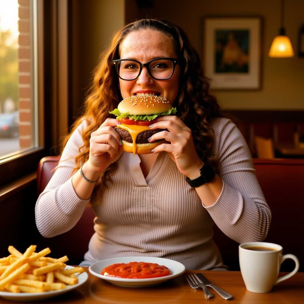 {
  "SHOT COMPOSITION": "Medium close-up shot captured with a 50mm lens on a Canon 5D camera, featuring a shallow depth of field that sharply focuses on the subject while softly blurring the background for an intimate and appetizing emphasis.",
  "SUBJECT & WARDROBE": "A young adult with an excited expression, messy hair, and casual attire including a simple t-shirt and jeans, enthusiastically biting into a large, juicy burger with cheese melting down the sides, lettuce peeking out, and sesame seeds on the bun, with sauce dripping onto their fingers.",
  "SCENE SETTING": "Set in a cozy diner booth during late afternoon golden hour, with warm sunlight streaming through the window, casting a soft glow on the wooden table scattered with fries and a soda, creating a casual and inviting atmosphere.",
  "VISUAL STYLE": "Realistic food photography style with vibrant color grading to enhance the rich reds of the tomato and the glossy sheen of the burger patty, adding a slight grain texture for a authentic, mouthwatering commercial look that evokes hunger and satisfaction."
} (edited with Flux Kontext Dev)