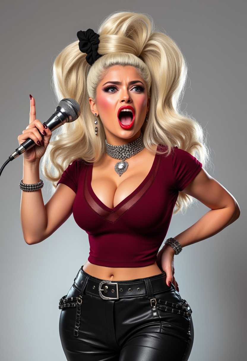 A stunning digital illustration in a hyper-realistic yet stylized pin-up  style, modern featuring a fierce young woman with long platinum blonde hair tied in a high ponytail with a black scrunchie, her hair flowing dynamically with soft waves and highlights. She has intense blue eyes with heavy black eyeliner and mascara, arched eyebrows, full red lips parted in a passionate scream or song, sharp cheekbones, and fair skin with subtle blush and gloss. She's gripping a classic silver vintage microphone with black ridges in her right hand, pointing dramatically with her left index finger, nails painted black. She's dressed in a fitted dark red short-sleeved t-shirt tucked into high-waisted black leather pants with a wide studded silver belt, a sparkling diamond choker necklace, and multiple silver bracelets on her wrists. The pose is dynamic and energetic, leaning slightly forward as if performing on stage, with soft volumetric lighting casting gentle shadows and highlights on her form, against a smooth gradient gray-white studio background. High detail in textures like the shiny leather, metallic microphone, and glossy hair, vibrant colors with cool tones dominating, high contrast, 8k resolution, ultra-detailed, cinematic composition. a photo of SH72
