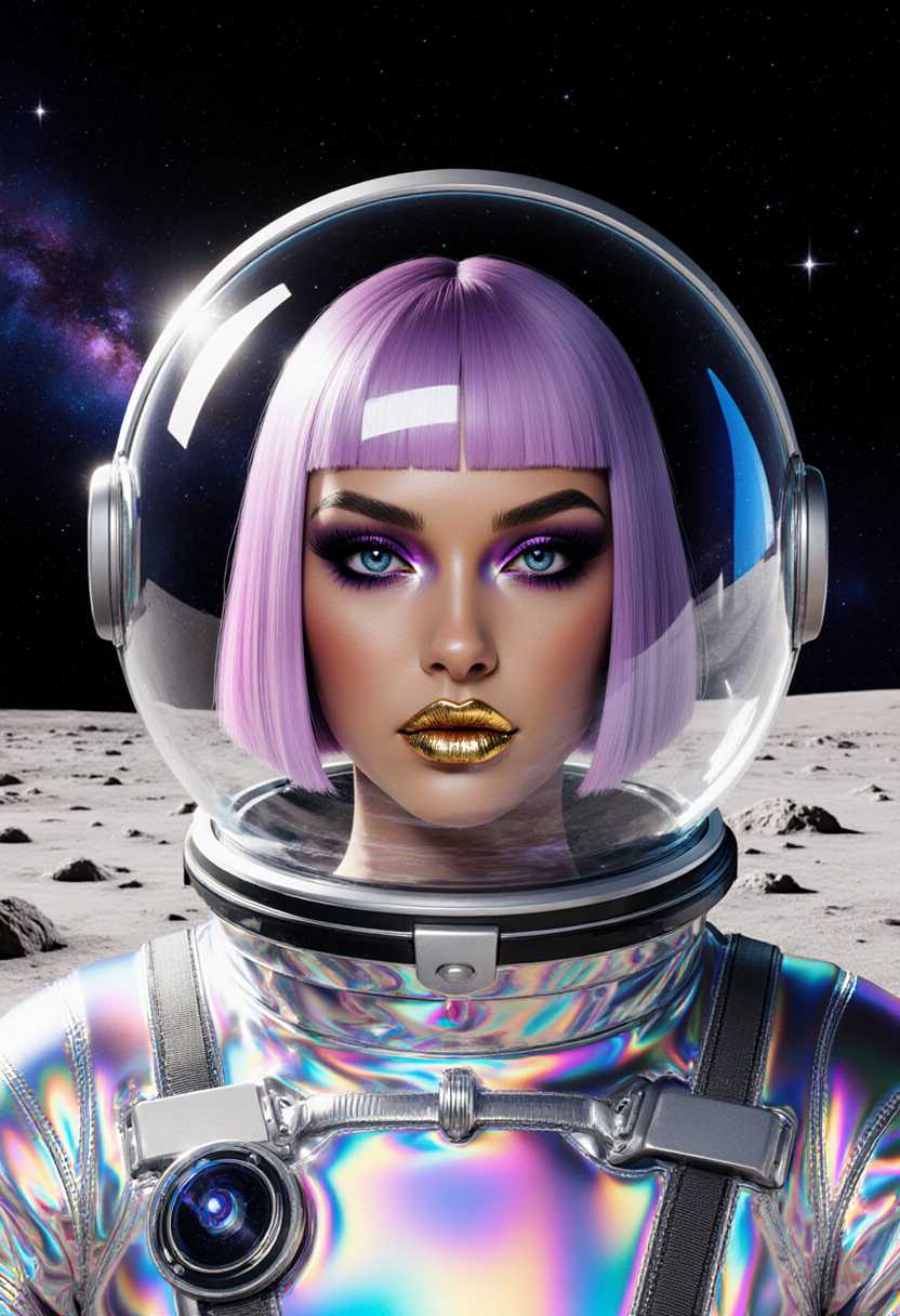 A highly detailed digital illustration in a hyper-realistic yet futuristic cyberpunk style, rendered in vibrant CGI medium with glossy reflections and holographic effects, featuring a young woman astronaut with flawless "Tan" skin, sharp angular features, intense smoky eye makeup in deep purples and blacks, arched eyebrows, long lashes, and shimmering gold metallic lips pursed in a confident pout. She has short, straight lavender-purple hair styled in a blunt bob cut, visible inside a transparent bubble helmet that reflects stars and cosmic lights. The helmet is part of a sleek, form-fitting spacesuit made of iridescent, rainbow-hued metallic fabric that shifts colors from silver to pink, blue, and purple under the light, with intricate seams, glowing accents, and modular panels. She gazes directly at the viewer with piercing blue eyes, evoking a sense of mystery and allure. The background is a desolate lunar landscape with powdery white sand, scattered gray rocks and craters under a vast black starry sky dotted with twinkling stars and nebulae, subtle blue and purple gradients in the atmosphere, soft volumetric lighting from an unseen source casting ethereal glows and lens flares. Overall color palette dominated by cool silvers, vibrant purples, golds, and deep space blacks, in ultra-high resolution with sharp focus on facial details and suit textures, inspired by artists like Alphonse Mucha and modern digital sci-fi renders.