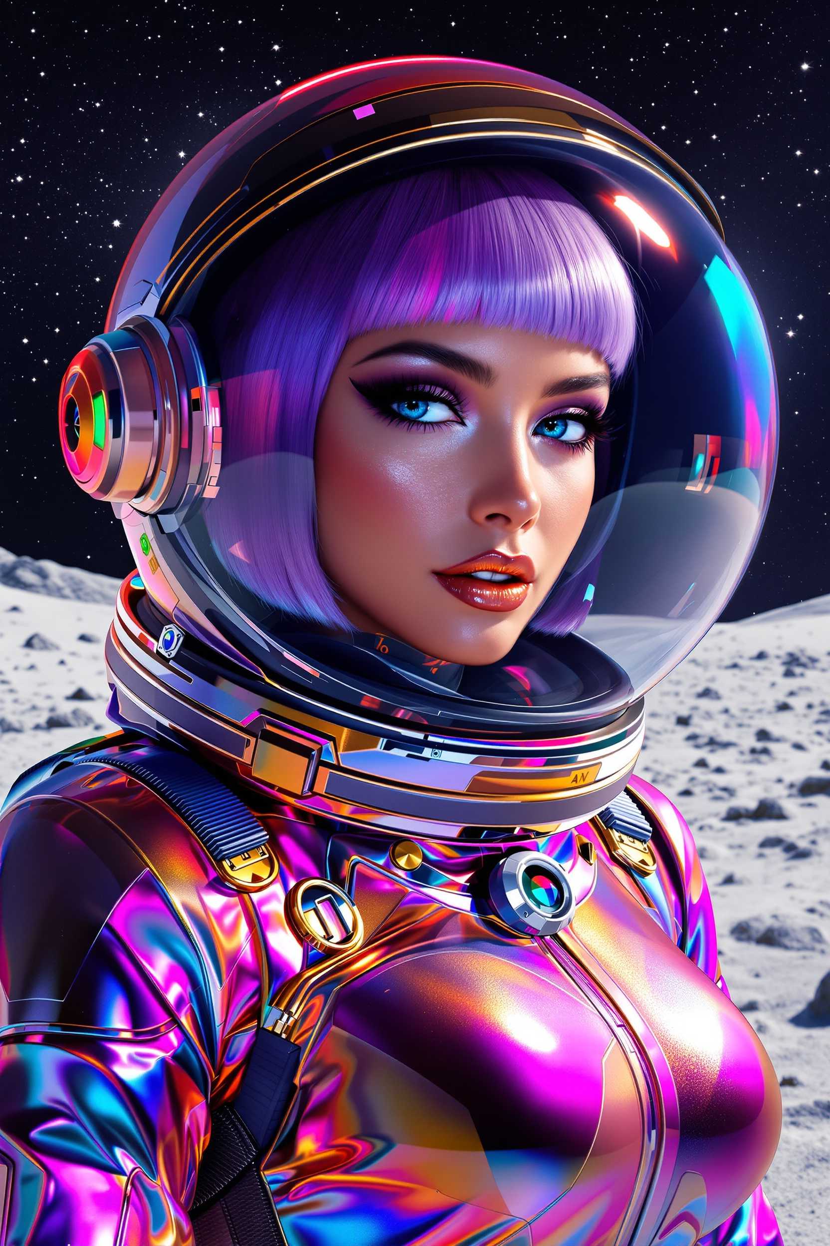A highly detailed digital illustration in a hyper-realistic yet futuristic cyberpunk style, rendered in vibrant CGI medium with glossy reflections and holographic effects, featuring a young woman astronaut with flawless "Tan" skin, sharp angular features, intense smoky eye makeup in deep purples and blacks, arched eyebrows, long lashes, and shimmering gold metallic lips pursed in a confident pout. She has short, straight lavender-purple hair styled in a blunt bob cut, visible inside a transparent bubble helmet that reflects stars and cosmic lights. The helmet is part of a sleek, form-fitting spacesuit made of iridescent, rainbow-hued metallic fabric that shifts colors from silver to pink, blue, and purple under the light, with intricate seams, glowing accents, and modular panels. She gazes directly at the viewer with piercing blue eyes, evoking a sense of mystery and allure. The background is a desolate lunar landscape with powdery white sand, scattered gray rocks and craters under a vast black starry sky dotted with twinkling stars and nebulae, subtle blue and purple gradients in the atmosphere, soft volumetric lighting from an unseen source casting ethereal glows and lens flares. Overall color palette dominated by cool silvers, vibrant purples, golds, and deep space blacks, in ultra-high resolution with sharp focus on facial details and suit textures, inspired by artists like Alphonse Mucha and modern digital sci-fi renders.