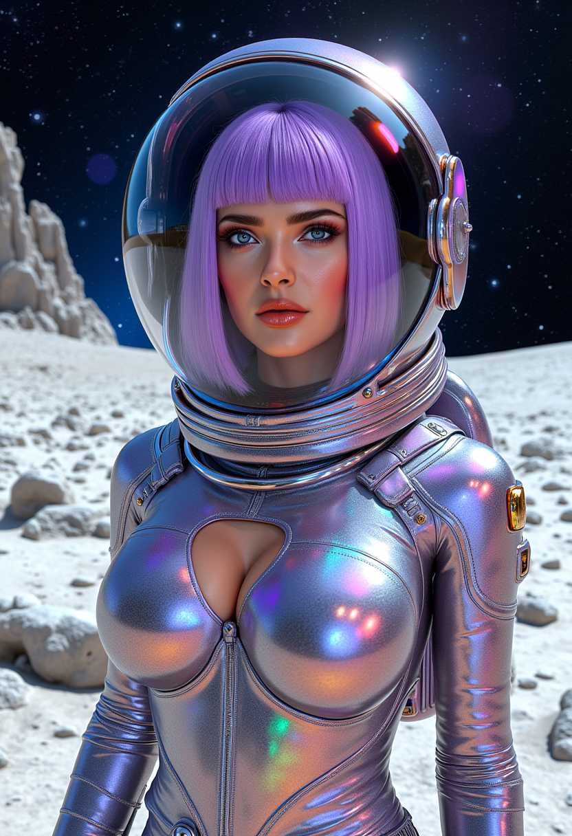 A highly detailed digital illustration in a hyper-realistic yet futuristic cyberpunk style, rendered in vibrant CGI medium with glossy reflections and holographic effects, featuring a young woman astronaut with flawless "Tan" skin, sharp angular features, intense smoky eye makeup in deep purples and blacks, arched eyebrows, long lashes, and shimmering gold metallic lips pursed in a confident pout. She has short, straight lavender-purple hair styled in a blunt bob cut, visible inside a transparent bubble helmet that reflects stars and cosmic lights. The helmet is part of a sleek, form-fitting spacesuit made of iridescent, rainbow-hued metallic fabric that shifts colors from silver to pink, blue, and purple under the light, with intricate seams, glowing accents, and modular panels. She gazes directly at the viewer with piercing blue eyes, evoking a sense of mystery and allure. The background is a desolate lunar landscape with powdery white sand, scattered gray rocks and craters under a vast black starry sky dotted with twinkling stars and nebulae, subtle blue and purple gradients in the atmosphere, soft volumetric lighting from an unseen source casting ethereal glows and lens flares. Overall color palette dominated by cool silvers, vibrant purples, golds, and deep space blacks, in ultra-high resolution with sharp focus on facial details and suit textures, inspired by artists like Alphonse Mucha and modern digital sci-fi renders. a photo of SH72