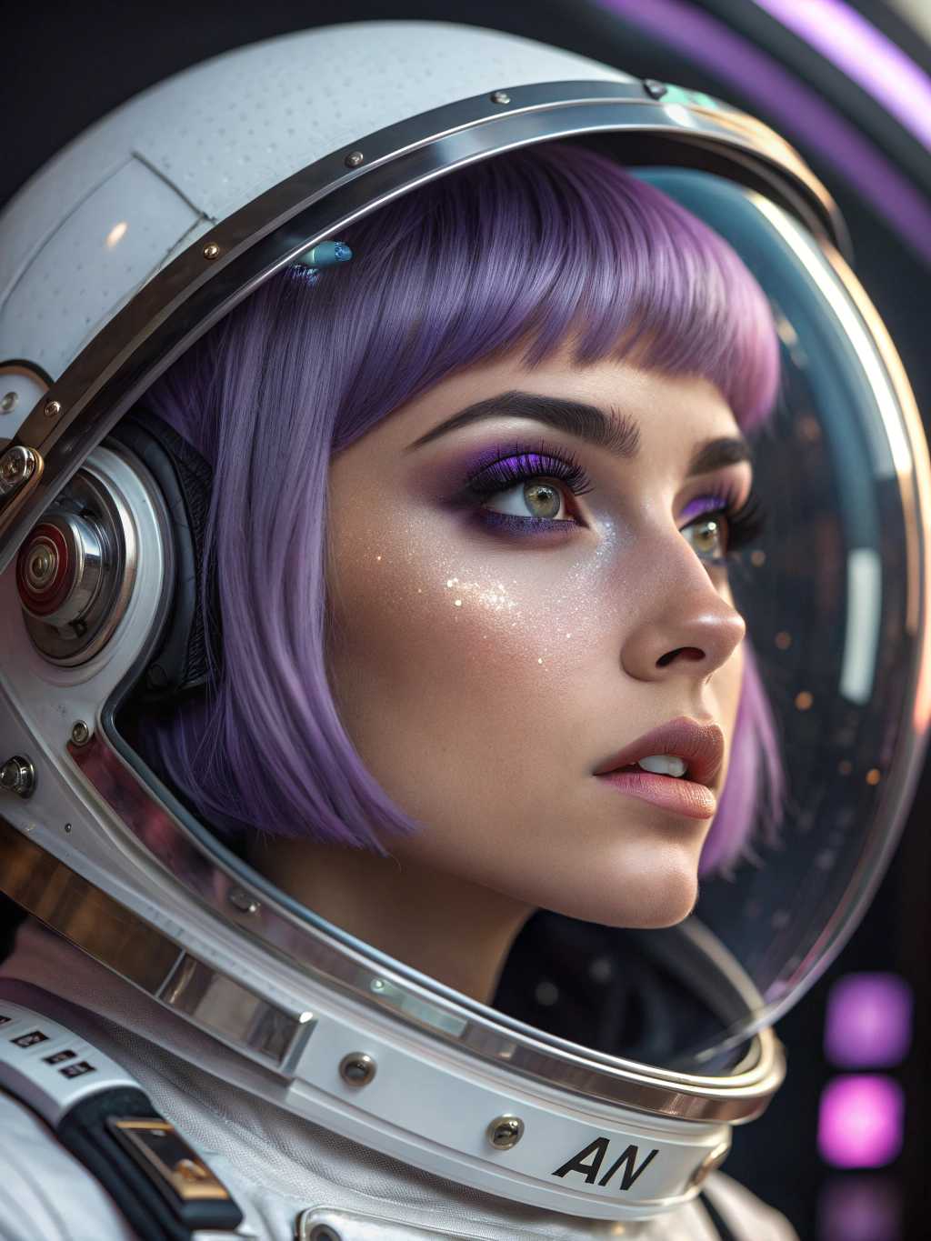 A highly detailed digital illustration in a hyper-realistic yet futuristic cyberpunk style, rendered in vibrant CGI medium with glossy reflections and holographic effects, featuring a young woman astronaut with flawless "Tan" skin, sharp angular features, intense smoky eye makeup in deep purples and blacks, arched eyebrows, long lashes, and shimmering gold metallic lips pursed in a confident pout. She has short, straight lavender-purple hair styled in a blunt bob cut, visible inside a transparent bubble helmet that reflects stars and cosmic lights. The helmet is part of a sleek, form-fitting spacesuit made of iridescent, rainbow-hued metallic fabric that shifts colors from silver to pink, blue, and purple under the light, with intricate seams, glowing accents, and modular panels. She gazes directly at the viewer with piercing blue eyes, evoking a sense of mystery and allure. The background is a desolate lunar landscape with powdery white sand, scattered gray rocks and craters under a vast black starry sky dotted with twinkling stars and nebulae, subtle blue and purple gradients in the atmosphere, soft volumetric lighting from an unseen source casting ethereal glows and lens flares. Overall color palette dominated by cool silvers, vibrant purples, golds, and deep space blacks, in ultra-high resolution with sharp focus on facial details and suit textures, inspired by artists like Alphonse Mucha and modern digital sci-fi renders.