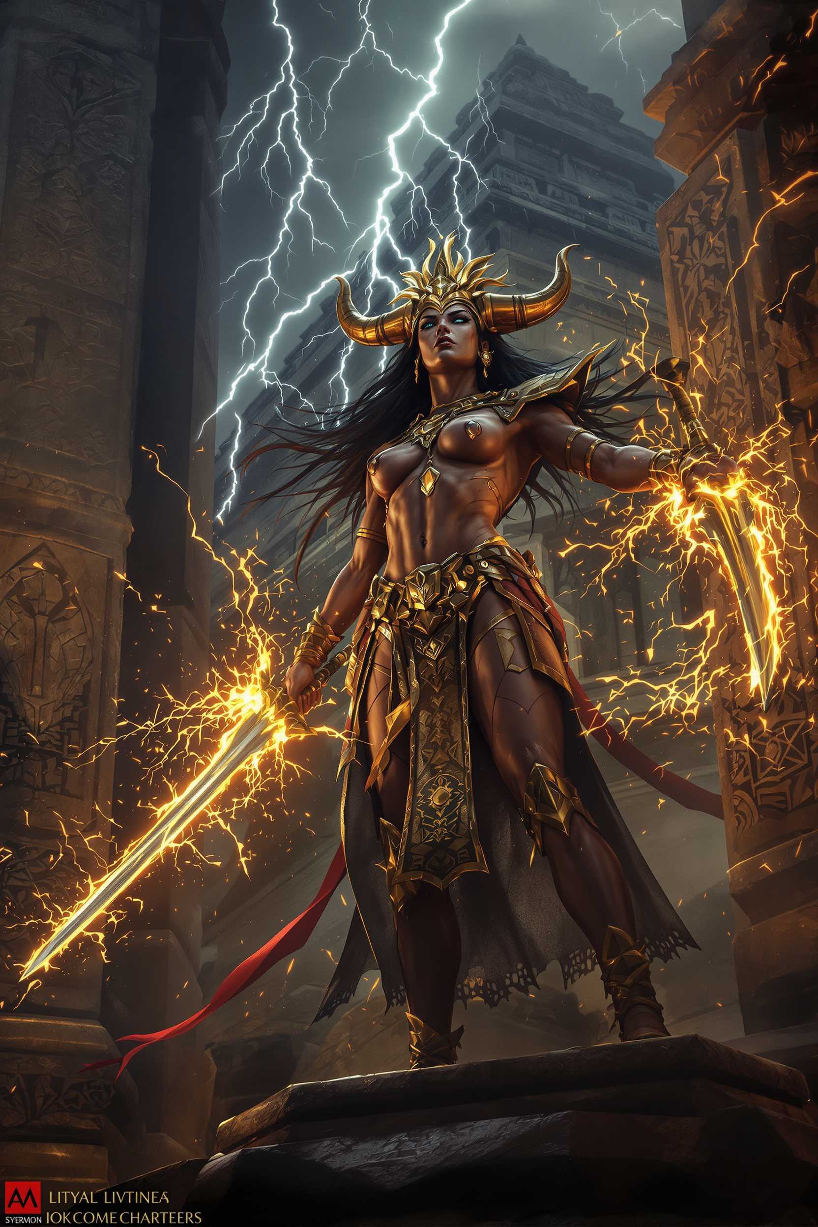 Storm-lit warrior-queen crowned with bronze thunder-horns, twin scimitars crackling with ember-light; basalt temple ruins, carved Yoruba motifs, banners whipping; chiaroscuro lightning, ember sparks, weathered metals, sculpted anatomy; epic mid-shot, mythic gravitas — --ar 2:3 --v 7 --exp 38
Labels: Myth & Legends, Afrofuturism, Fantasy Worlds