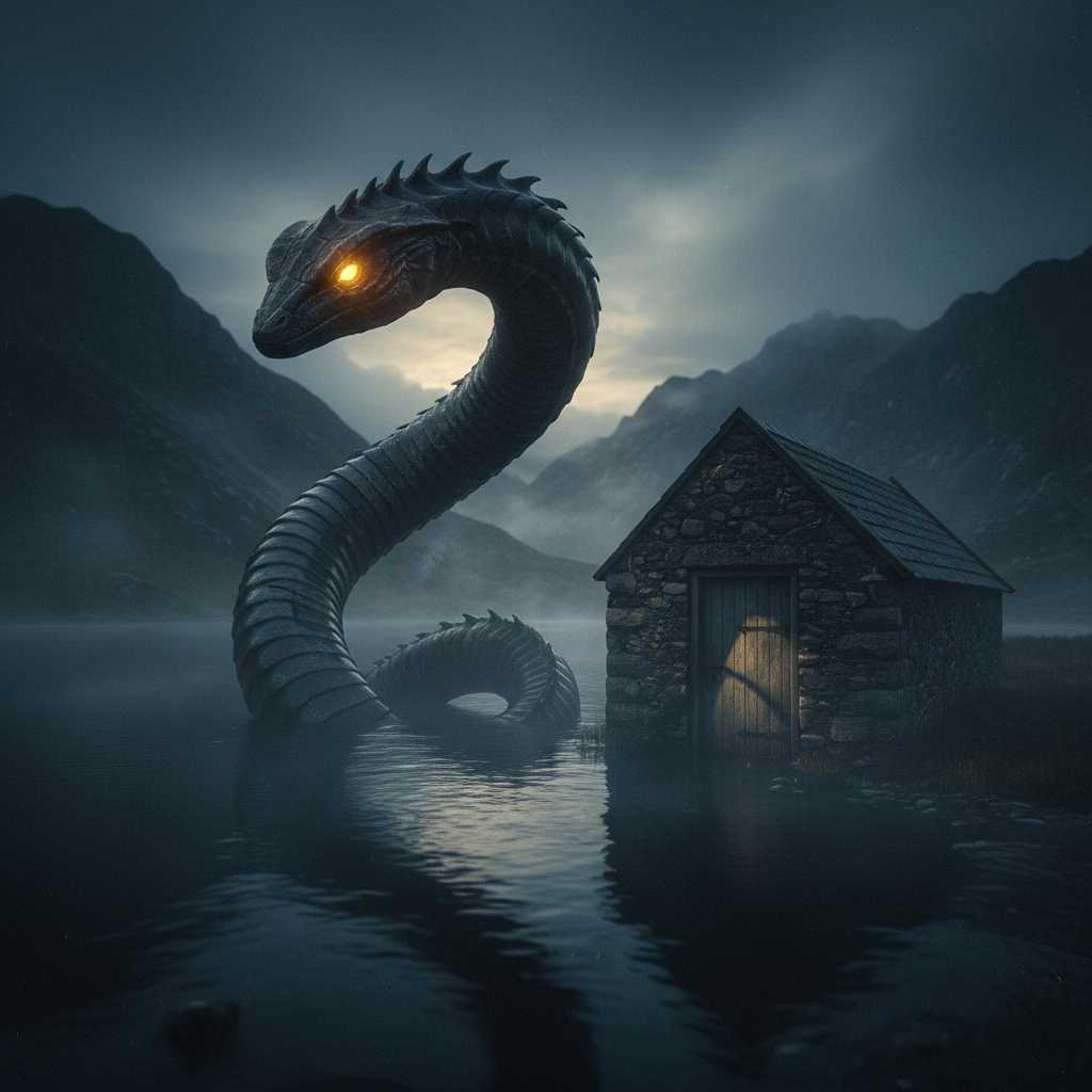 {
  "SHOT COMPOSITION": "Wide shot captured with a 24mm wide-angle lens on a Sony A7S III camera, emphasizing the expansive lakeshore and the looming presence of the cottage door, with a shallow depth of field to isolate the emerging creature against the misty background.",
  "SUBJECT & WARDROBE": "A shadowy, ancient serpentine creature with sinuous, scaled body and piercing glowing eyes partially emerges from the dark waters, its form twisting mythically as it casts an elongated shadow across the weathered wooden door of the remote cottage; the creature appears ethereal and menacing, with no human subjects or wardrobe elements present.",
  "SCENE SETTING": "Set on the foggy shore of a dark Scottish lake at dusk during golden hour, with swirling mists rising from the water and enveloping the isolated stone cottage, creating a tense and mythic atmosphere where the creature's shadow dramatically looms over the door, surrounded by rugged highlands and dim, overcast skies.",
  "VISUAL STYLE": "Cinematic film aesthetic with a dark, moody color grading featuring deep blues and grays, subtle grain texture for a vintage horror feel, and dramatic lighting from the fading sunset casting eerie highlights on the creature's glowing eyes and the textured cottage facade."
}