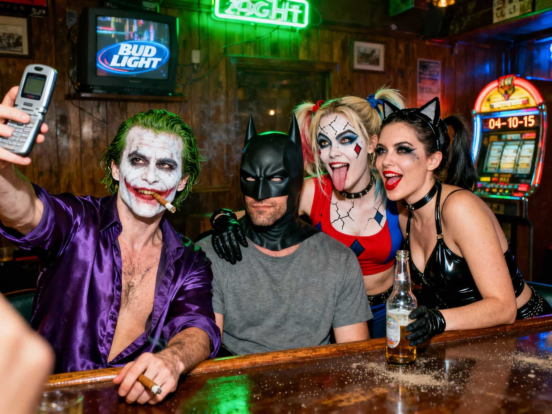 {
 2004 VGA bar-selfie: Joker (smudged white greasepaint, green-tinted slicked hair, purple satin shirt open to chest, lit cigar) holds flip-phone at arm’s length, wide-angle lens slightly tilted. Batman (black cowl, matte finish, visible jaw stubble, grey T-shirt) sits centre, eyes narrowed at lens, one brow raised. Catwoman (black PVC halter, cat-ear headband, smudged eyeliner, red lipstick) leans over bar, gloved hand on Joker’s shoulder. Harley Quinn (red/blue crop top, diamond face paint cracked, pigtails with faded ribbon) pops between them, tongue out, holding a half-empty beer bottle. Background: dim wood-paneled dive bar, Bud Light neon blur, CRT TV static, jukebox glow. Harsh on-camera flash blows highlights, green-yellow white-balance shift, heavy VGA noise, 640×480 pixel stretch, date-stamp ‘04-10-15 02:17’. Mild motion blur on Harley’s bottle, dust specks on lens, finger partially covers corner. --ar 4:5 --style raw",
  "style": "photographic 2004 VGA analog selfie",
  "negative_prompt": "logos, text, extra limbs, smooth skin, HDR, modern phone",
  "output": {
    "format": "jpg",
    "long_edge_px": 1536
  }
}
