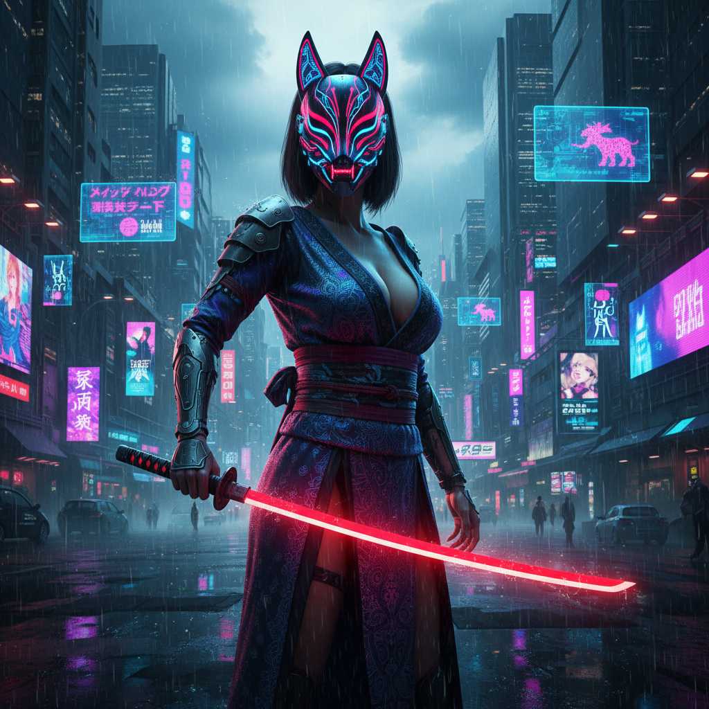 Shot composition: A medium-wide shot framing the cyberpunk samurai woman centered in the foreground with the sprawling neon city extending behind her, captured from a low-angle camera position using a 35mm lens to emphasize her powerful stature and the immersive urban environment.

Scene setting: A rainy night in a futuristic cyberpunk metropolis, with puddles reflecting vibrant neon lights from towering skyscrapers, holographic advertisements flickering in the air, and a misty atmosphere charged with dramatic tension under stormy skies.

Subject and wardrobe: An Asian woman embodying a cyberpunk samurai with enormous breasts and a slim physique, standing confidently while wielding a glowing laser katana; she wears sleek cybernetic traditional futuristic kimono, topped by an ultra-futuristic illuminated kitsune mask glowing with intricate neon patterns, her expression fierce and determined.

Camera movement: none

Visual style: Highly detailed 3D render in a cinematic cyberpunk aesthetic with ultra-realistic lighting, deep shadows and vibrant neon color grading, subtle film grain for a dramatic, immersive 4K quality.