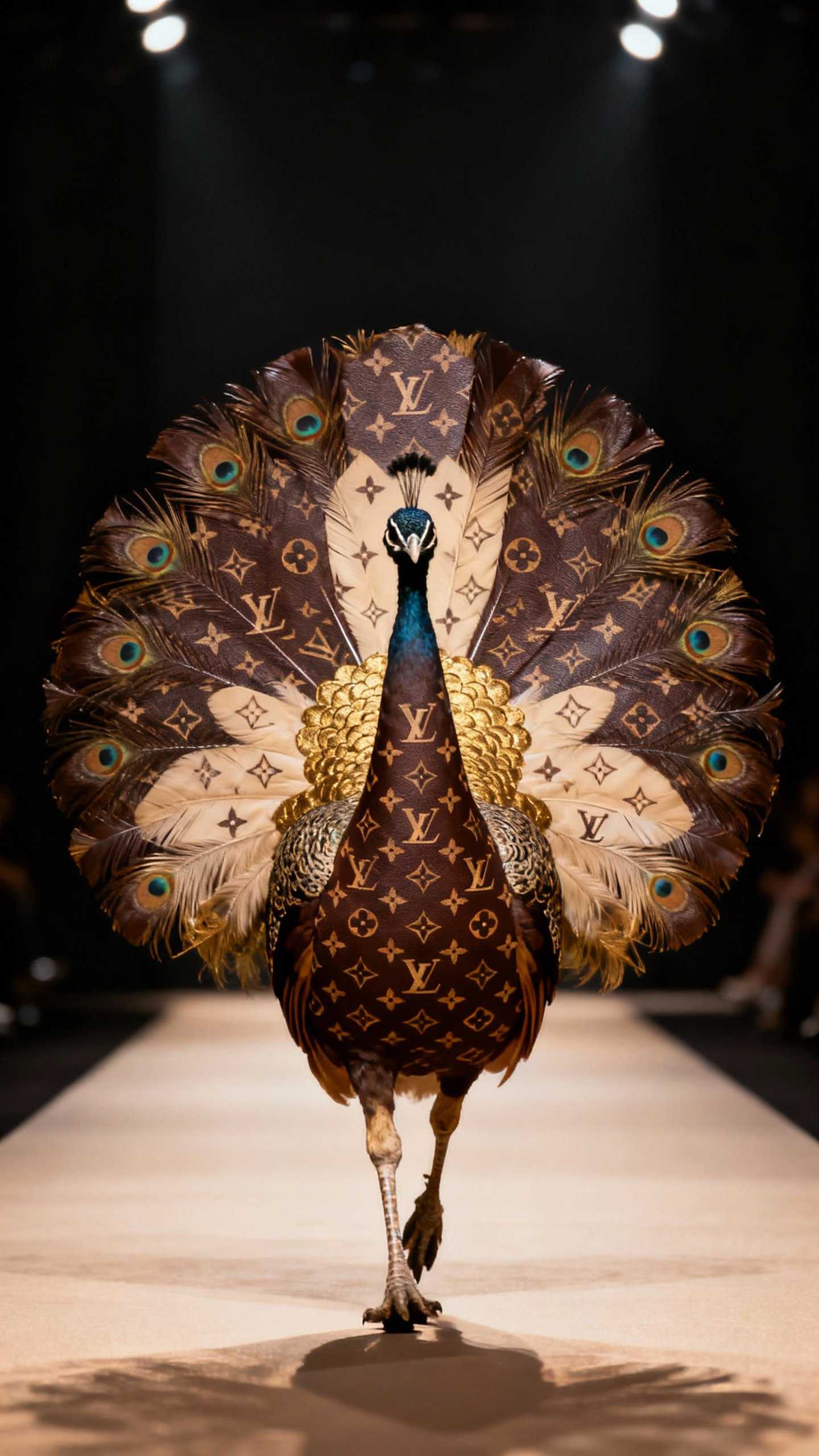 A full-body portrait of a peacock strutting down a luxury fashion runway, its plumage styled in Louis Vuitton monogram patterns. Feathers shimmer in deep chocolate brown, beige, and gold, arranged in symmetric elegance with subtle classic motifs. The atmosphere is regal and minimal, with the bird centered against a dark background and softly lit by warm directional lighting. High fashion meets animal grace.