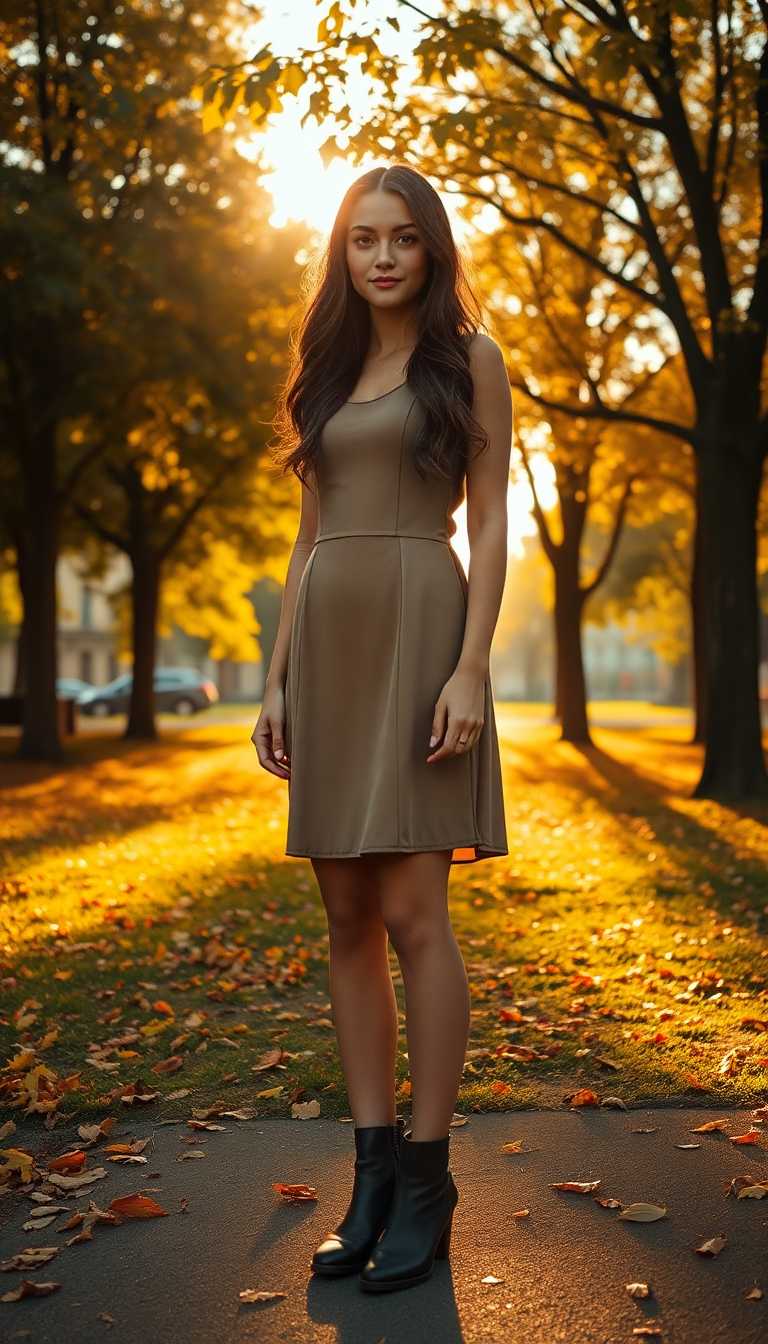 Shot composition: A full-body portrait of a tall young woman standing confidently in the foreground, captured from a low-angle camera position to emphasize her height, using a 35mm lens for a balanced wide view that includes some environmental context.

Scene setting: An urban park at golden hour with warm sunlight filtering through autumn leaves, creating a serene and vibrant atmosphere with soft shadows and a gentle breeze rustling the foliage.

Subject and wardrobe: A slender tall girl with long wavy hair, wearing a stylish knee-length dress and ankle boots, her expression calm and poised with a subtle smile as she gazes directly at the camera.

Camera movement: none

Visual style: Realistic photographic style with rich color grading in warm earth tones, subtle film grain for a cinematic depth and high detail in textures like fabric and skin.