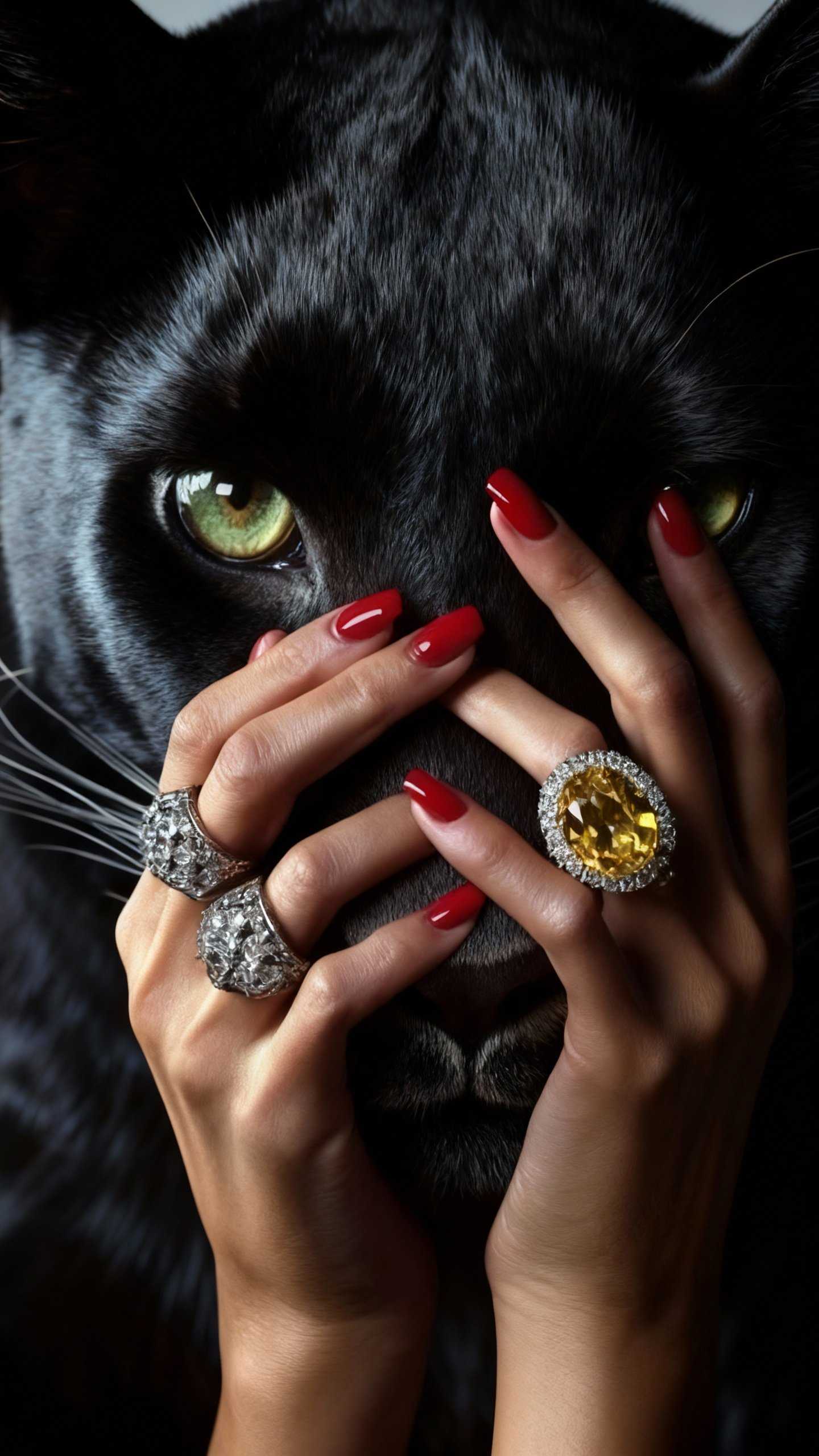 Ultra-realistic close-up of a black panther’s intense green-yellow eyes in the background, with a woman’s elegant hands in the foreground. Her nails are painted glossy red, and she wears multiple luxury rings: one large yellow gemstone surrounded by diamonds and two silver diamond rings. The hands are positioned delicately over the panther’s face, partially covering its muzzle and eyes. Dramatic low-key lighting, deep shadows, high contrast, cinematic fashion photography style, extremely detailed textures of fur, skin, gemstones, and nails. (edited with Seedream 4)