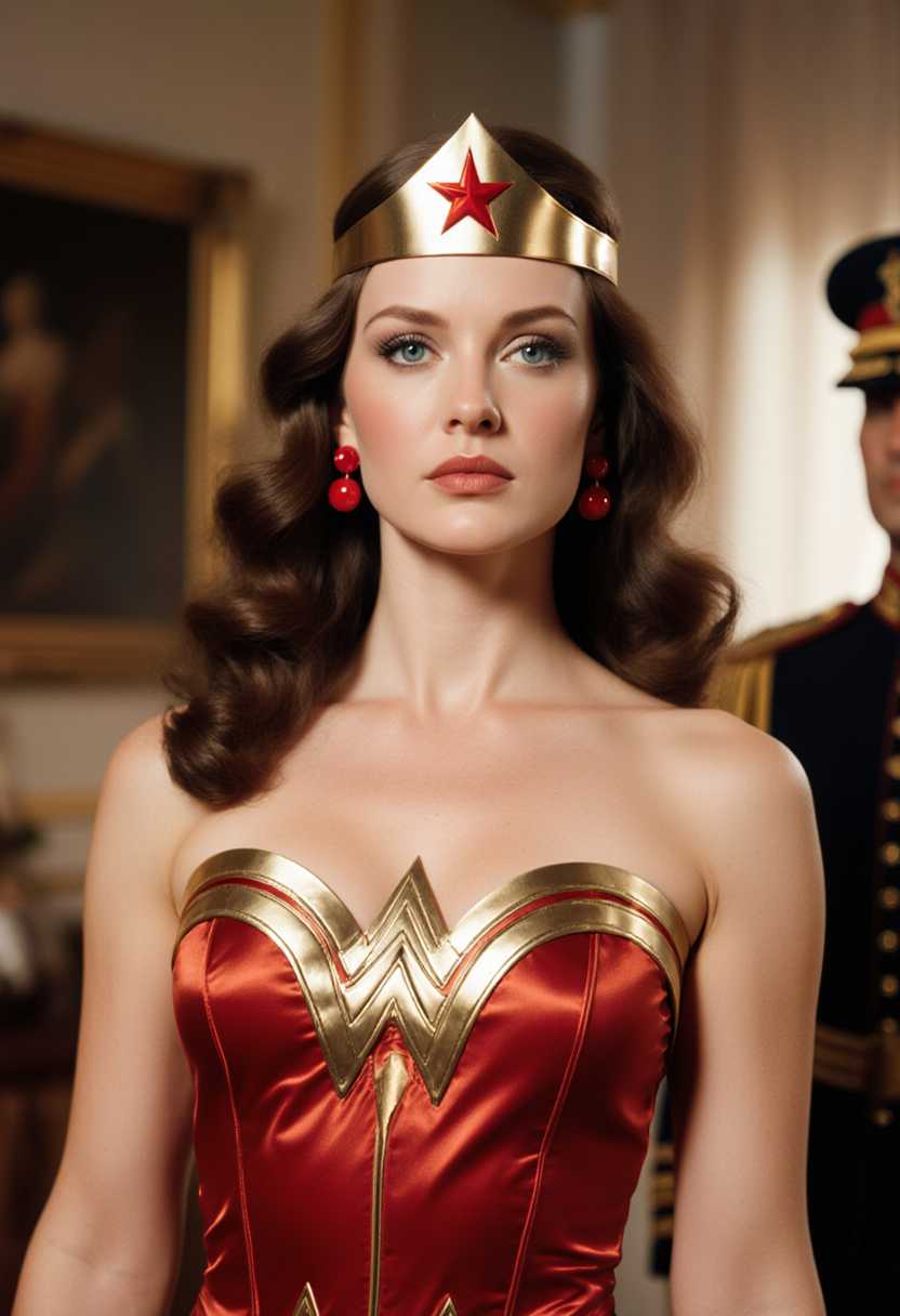 A highly detailed, realistic portrait of a confident woman embodying Wonder Woman from the 1970s live-action TV series, portrayed by actress Lynda Carter, with striking blue-green eyes, subtle makeup including rosy cheeks and natural lips, long wavy chestnut-brown hair cascading over her shoulders, wearing a shiny golden tiara adorned with a central red star, small round red earrings, and a strapless bustier costume in vibrant red satin with metallic gold eagle emblem across the chest, gold trim, and red-and-gold striped detailing on the bodice; she has a serious yet poised expression, slight head tilt, illuminated by warm, soft indoor lighting casting gentle shadows; background features blurred elements like a framed classical painting on a wall and part of a dark military uniform with epaulets on another figure; rendered in photorealistic style, high-resolution digital photography medium, rich color palette of reds, golds, browns, and neutrals, emphasizing glossy textures, heroic atmosphere, and vintage 1970s aesthetic with sharp focus on facial features and costume details.