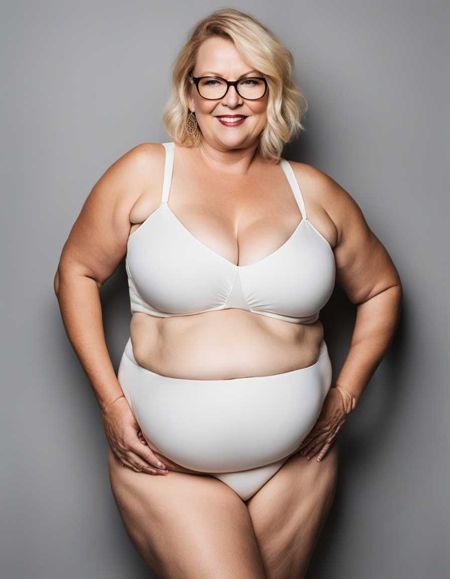 A photo of TOKOTA, a 48year old female BBW with blonde hair, pale skin, glasses, enormous breasts, large belly, nude