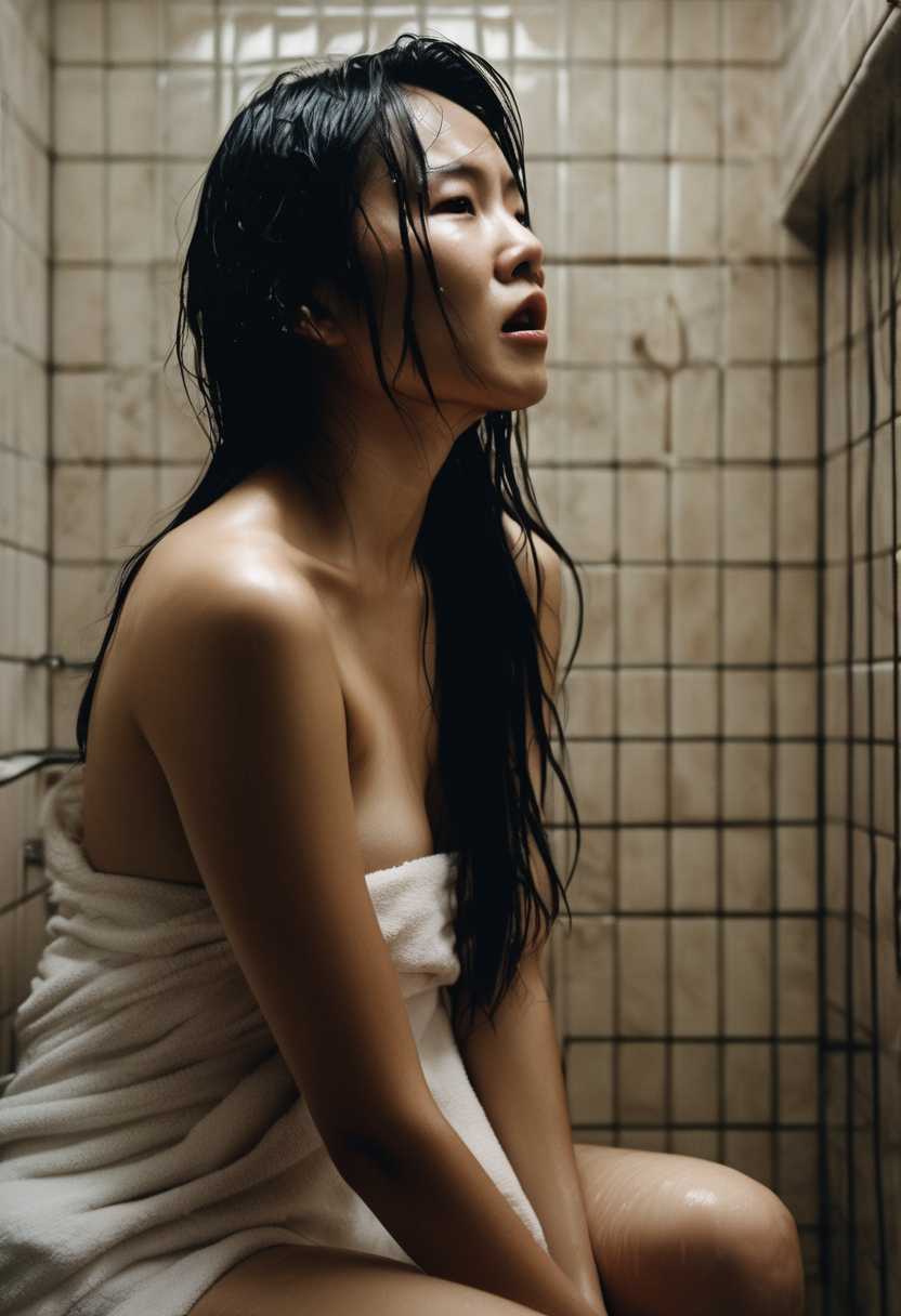 a tense bathroom horror moment in a dimly lit, tiled shower room with white ceramic walls and a chrome towel rack holding a beige towel; a young Asian woman with wide-eyed terror, mouth open in a scream, long wet black hair clinging to her shoulders, topless with bare breasts partially obscured by steam and shadows, kneeling in the shower with one arm extended forward in fear; behind a semi-transparent beige shower curtain, three menacing men emerging with claw-like hands: leftmost a dark-skinned man with long dark hair and intense glare, middle a young man with medium brown hair and wide-mouthed scream, rightmost a blond man with long hair and furious expression; overall art style is hyper-realistic digital illustration mimicking 1970s exploitation film posters, with dramatic lighting casting eerie shadows, muted color palette of beige, white, gray, and subtle blues for a gritty, suspenseful atmosphere, high detail on facial expressions, water droplets, and fabric textures, cinematic composition with a sense of impending doom.