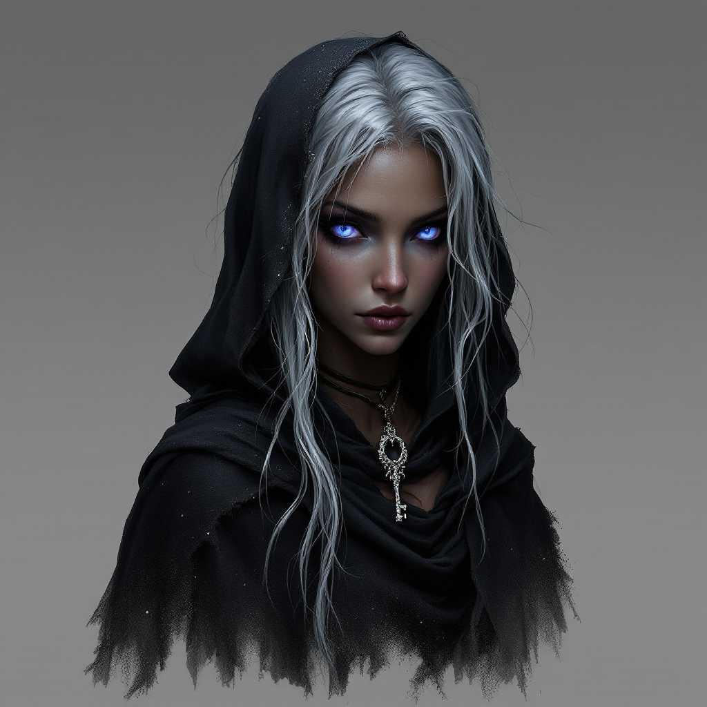 General Description: Xylara stands at about 5'8" with a slender yet athletic build, typical of the Drow. Her hair is a wild tangle of silver locks that falls down her back like a waterfall, with strands framing her face like a curtain. Her eyes gleam like polished sapphires, shining with an inner light that seems to pierce through the darkness. Her skin is dark, a testament to her Drow heritage.
•	Dress and Accessories: Xylara wears a tattered, black velvet cloak with a hood, clasped at her neck with a delicate, silver clasp. The cloak is adorned with tiny, shimmering silver threads that catch the faint, flickering glow of the torch. Around her neck, she wears a delicate, gemstone-encrusted choker with a small, ornate key. The key is attached to a worn, leather cord, symbolizing her status as a princess of the Underdeep. The choker is said to have been passed down through generations of Drow royalty women, and is rumored to grant her immense magical power.