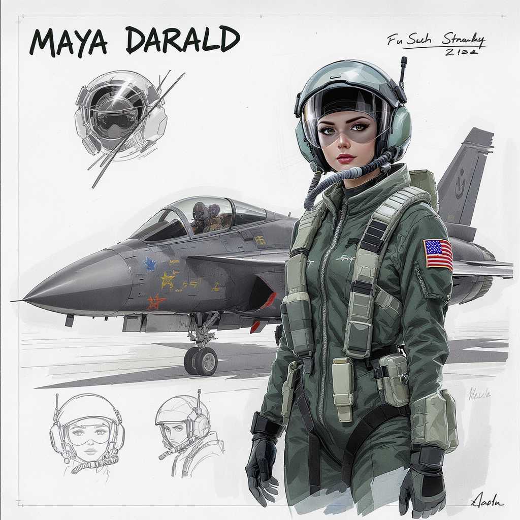 character study sheet, Maya Darald, combat jet pilot, green flightsuit, aircraft in background