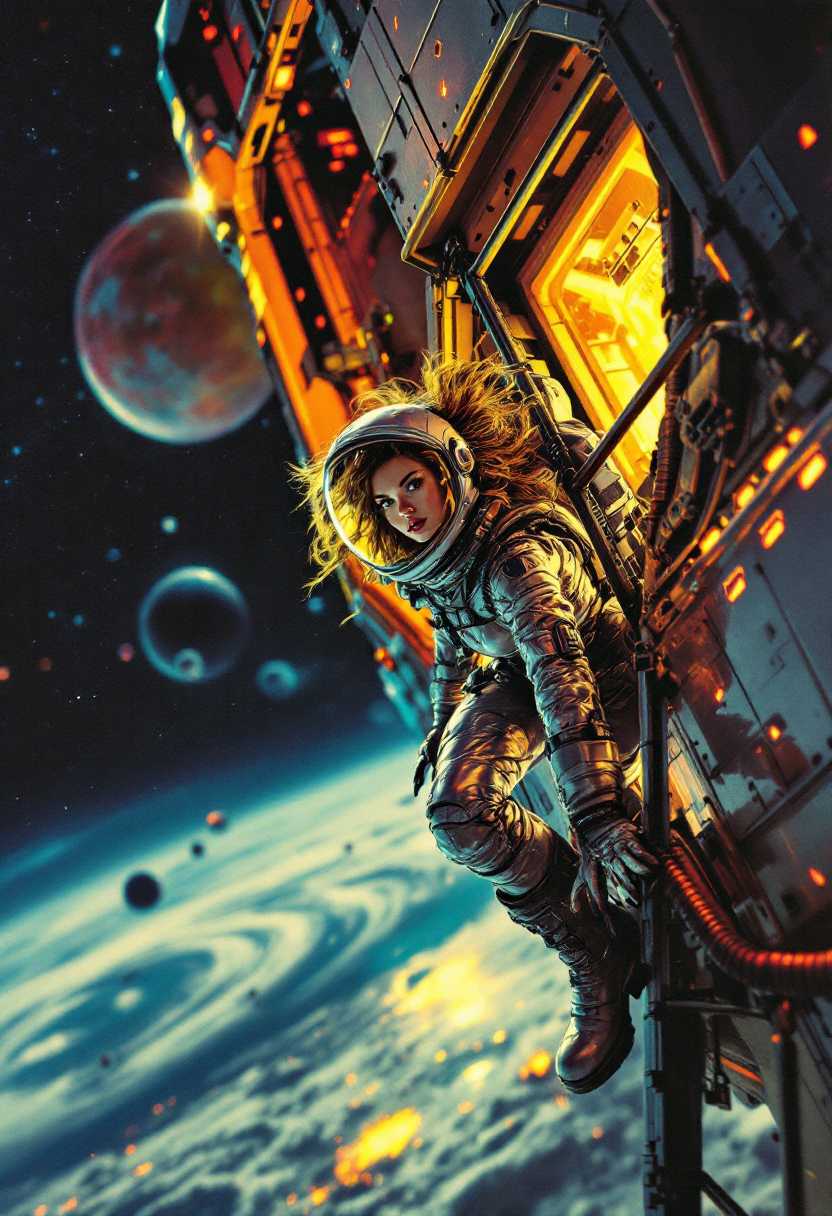 Shot composition: Medium shot framing a confident space woman clinging to the external ladder of a massive spaceship, captured from a slight low angle to emphasize her heroic pose against the starry void, using a 35mm lens for dynamic perspective.

Scene setting: Retro-futuristic outer space environment with swirling nebulae and distant planets, set during a dramatic twilight-like cosmic dusk with neon glows from spaceship thrusters, evoking a tense, adventurous pulp atmosphere.

Subject and wardrobe: Bold female astronaut in a shimmering silver spacesuit with bulky gloves and a transparent glass helmet revealing her determined expression, her hair slightly tousled inside, embodying 1980s sci-fi pulp iconography.

Motion and animation: omit if not relevant to still imagery

Camera movement: none

Visual style: Vibrant vintage pulp aesthetic with bold primary colors, high contrast yellows and reds against deep blacks, subtle paper texture and ink bleed effects for a glossy 80s magazine cover feel.