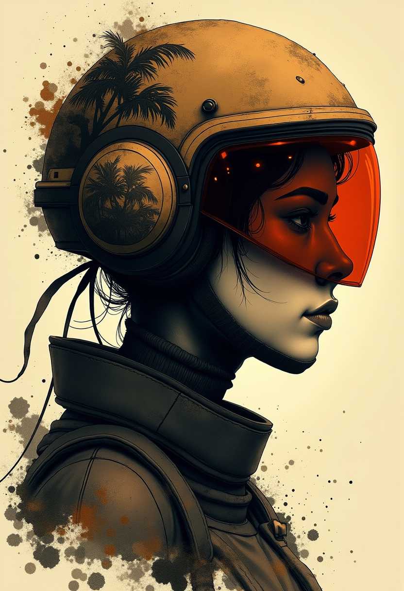 in the style of ck-mgs, nistyle, Special Ink-drawing mode, intricate linework with expressive contrasts, Mh1$AgThS2, Inkplash art on rice paper, sepia, henna , Silhouette Art, magnificent, inksplash closeup portrait of stunning japanese female sc-fi soldier, helmet, mirrored visor reflecting jungle environment